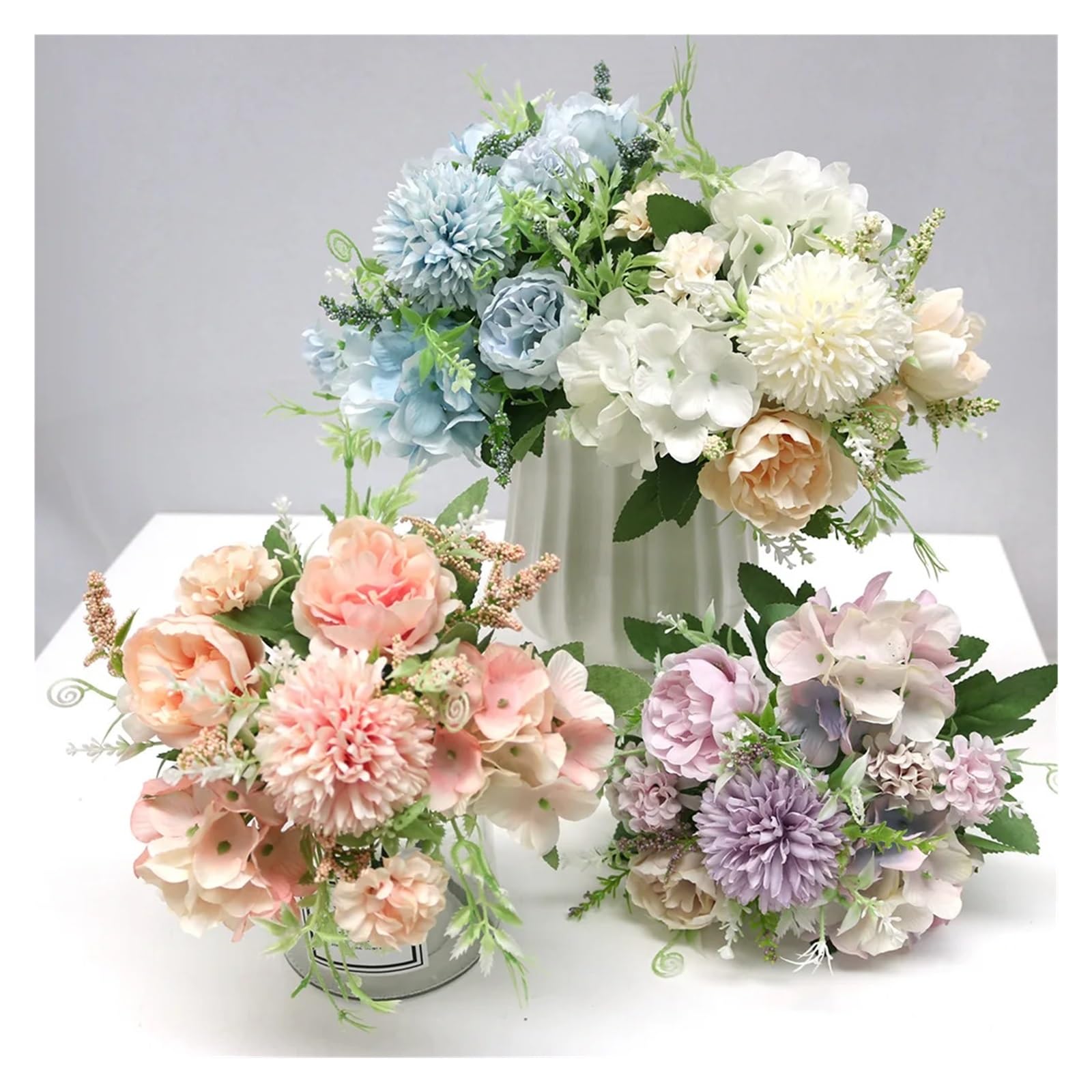 1 mazzo di fiori artificiali, vari bouquet di rose in seta, ortensia peonia, per contenere fiori finti, matrimonio in famiglia (bianco)
