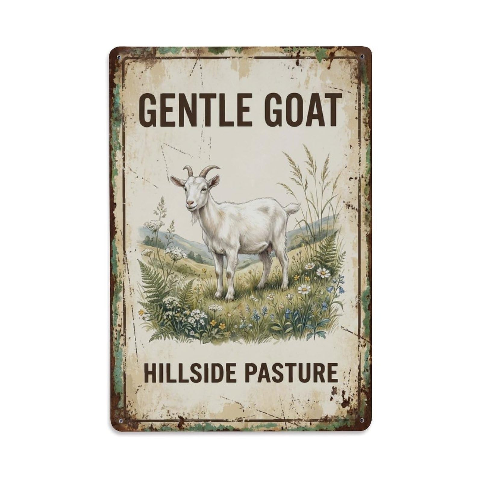 Okngb Style Goat Hillside Pasture Farmyard Quote Quirky Vintage Metal Tin Sign Plaque Wall Decor For Cafe, Man Cave, Club Bar, Office, Home Garden Round Metal Poster 8X12inch