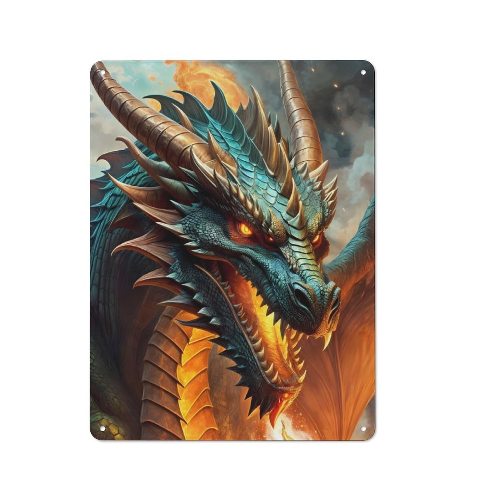 Junmoney Head Dragon Fire Tin Wall Plaque 40X30cm With For Studio Or Craft Room, Suited To Craft Room Decorators