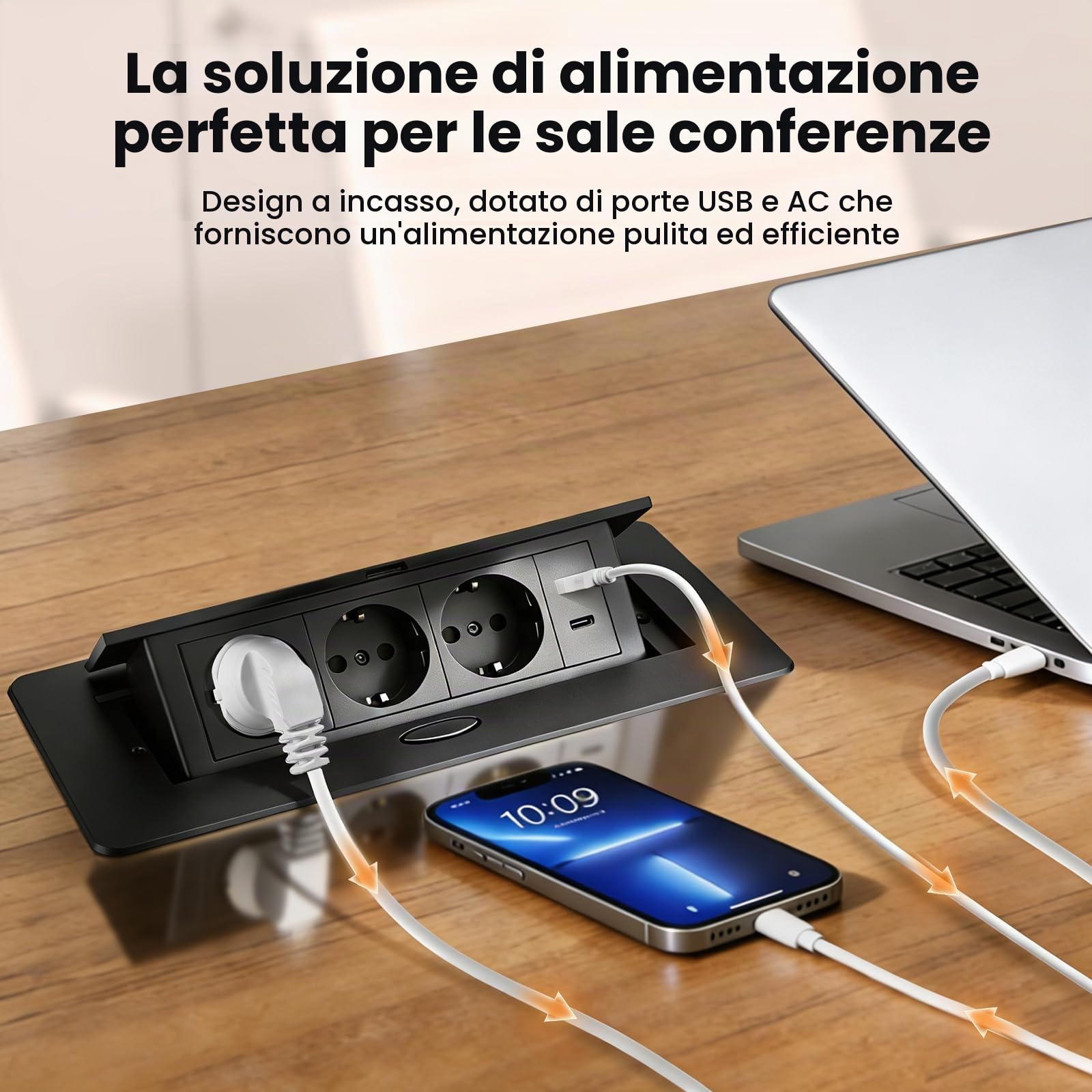 Presa da incasso a scomparsa, 3 scomparti, in alluminio, per cucina, ufficio, colore nero