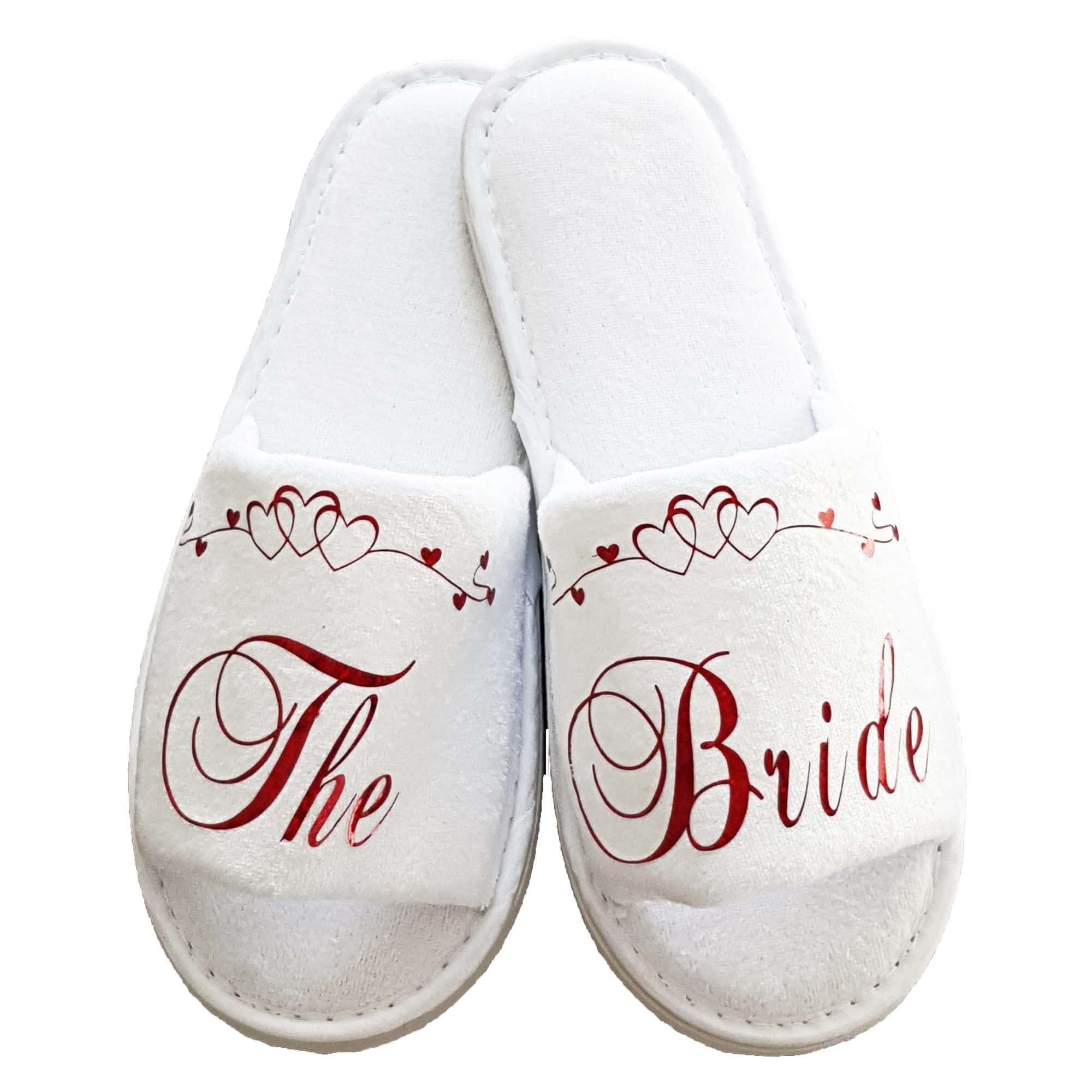 Bride Bridal Wedding Hen Night Party Slippers Sparkling Red with Scroll All Guest Roles Plush Velour (7-9, Maid of Honour)