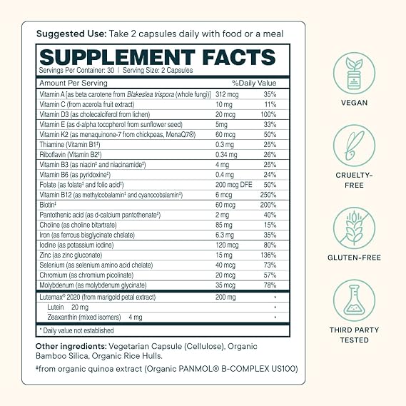 Ora Organic Plant Based Multivitamin for Women and Men, Bluelight Protection - Brain, Eye, Energy, Immune, Skin, Hair, Heart, and Bone Health Support, 60 Vegan Capsules