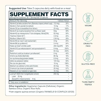 Ora Organic Plant Based Multivitamin for Women and Men, Bluelight Protection - Brain, Eye, Energy, Immune, Skin, Hair, Heart, and Bone Health Support, 60 Vegan Capsules
