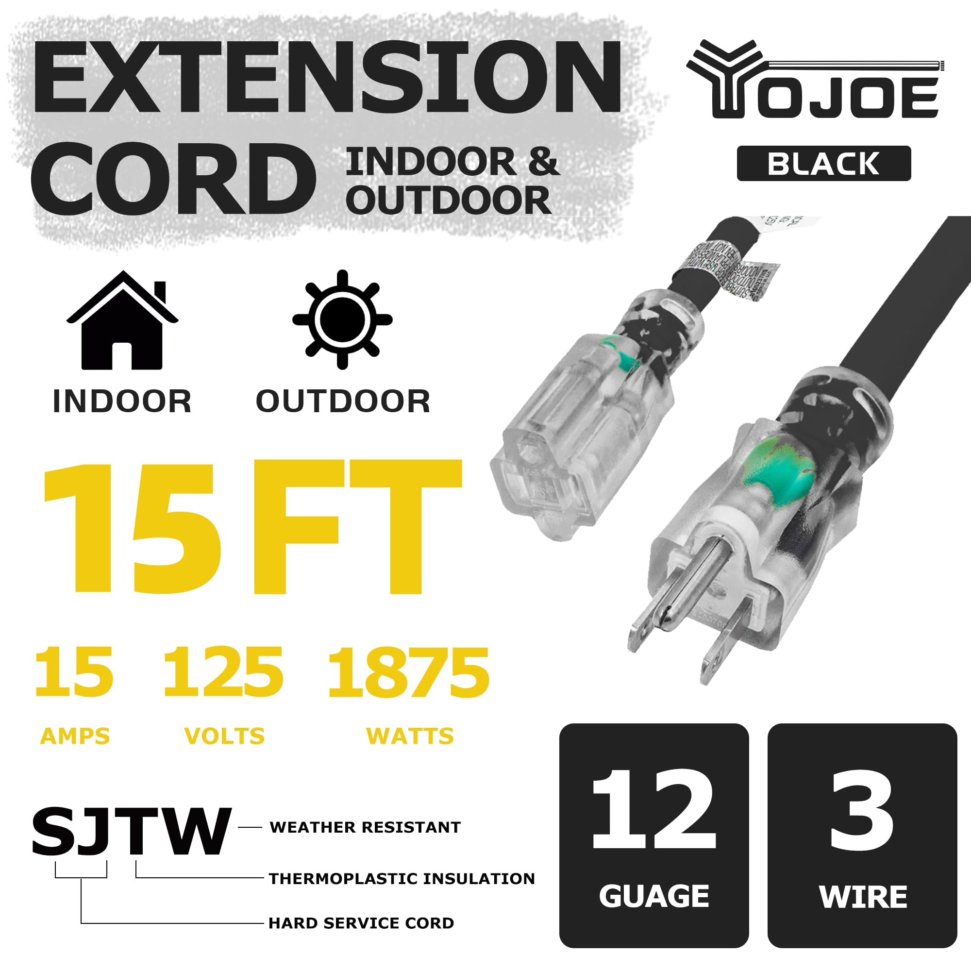 YOJOE Indoor Outdoor Extension Cord with Lighted End, 3 Prong 15A Weatherproof Power Extension Cord, 12 Gauge Heavy Duty 15 ft Black Extension Cord for Garage, Garden and Home, 12/3 SJTW UL Listed - 3