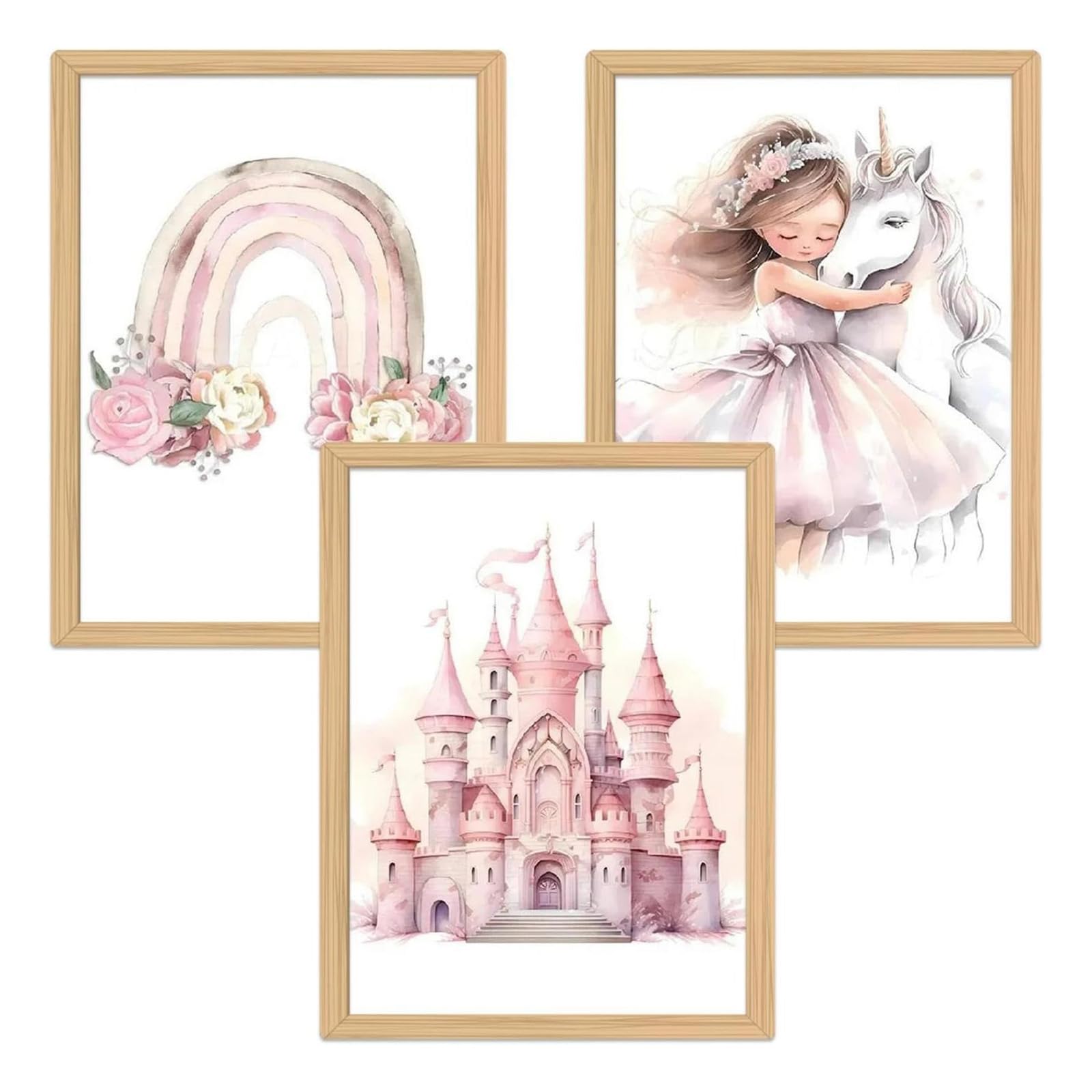 Affiche Chambre Filles, 3 Pcs 30x40cm Poster Mural de Licorne Princesse Arc-en-ciel et le Château, Rose Tableau Toile Poster Affiche Decoration Murale, Applicable à Deco Chambre ado Fille, Sans Cadre
