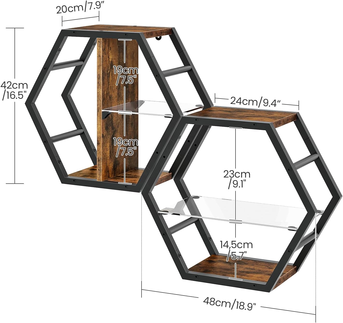 Hexagon Floating Shelves Set of 2, 18.9" Glass Hanging Shelves for Wall Decor, Wall Storage Rack and 12 S-Hooks, for Living Room, Bedroom, Office, Game Center, Rustic Brown TBJ08BF
