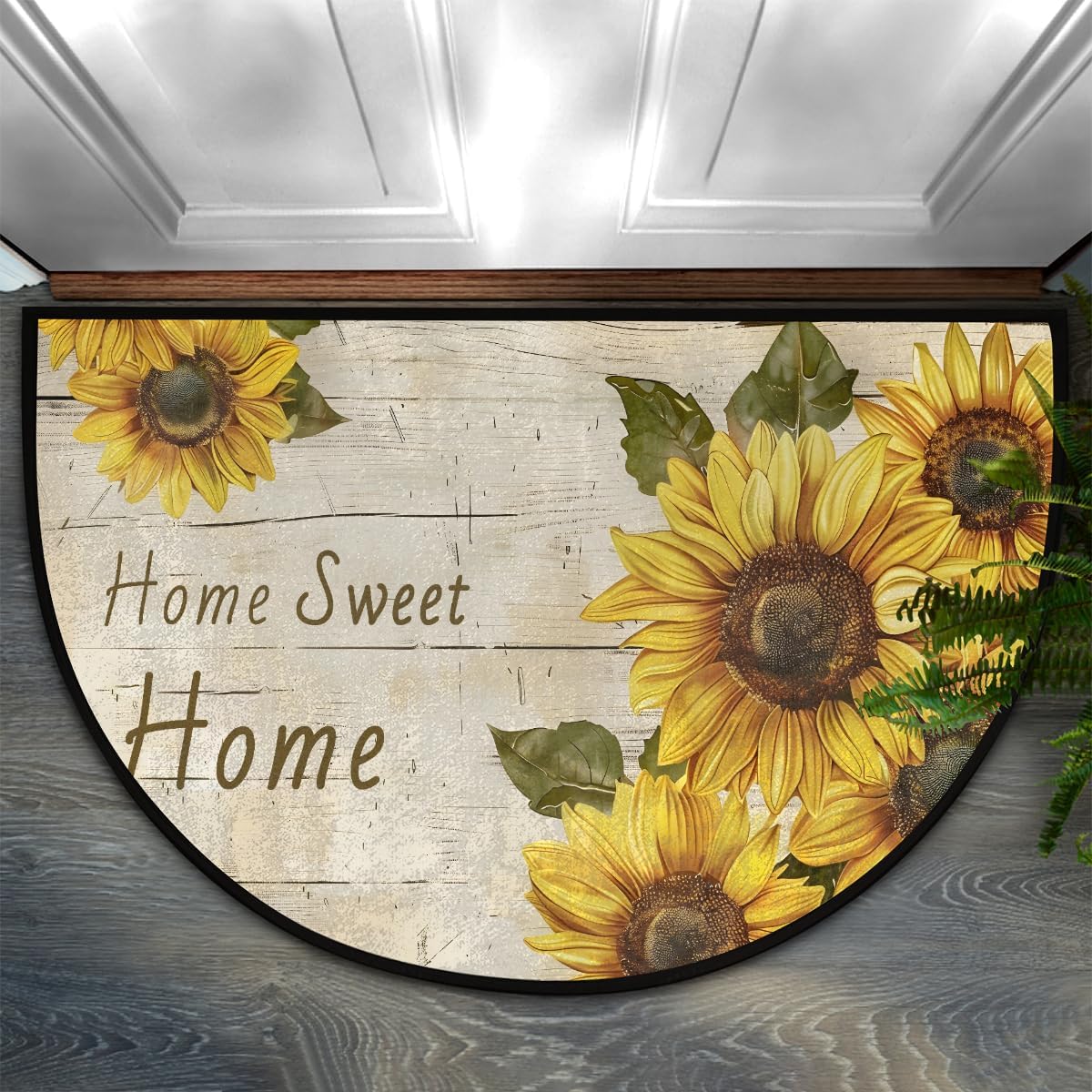 Wood Grain Flower Sunflower Half Round Door Mat Non Slip Washable Semi Circle Area Rug Absorbent Soft Half Moon Rug Floor Mat for Indoor Outdoor Kitchen Bathroom Patio Front Door Mat Decor