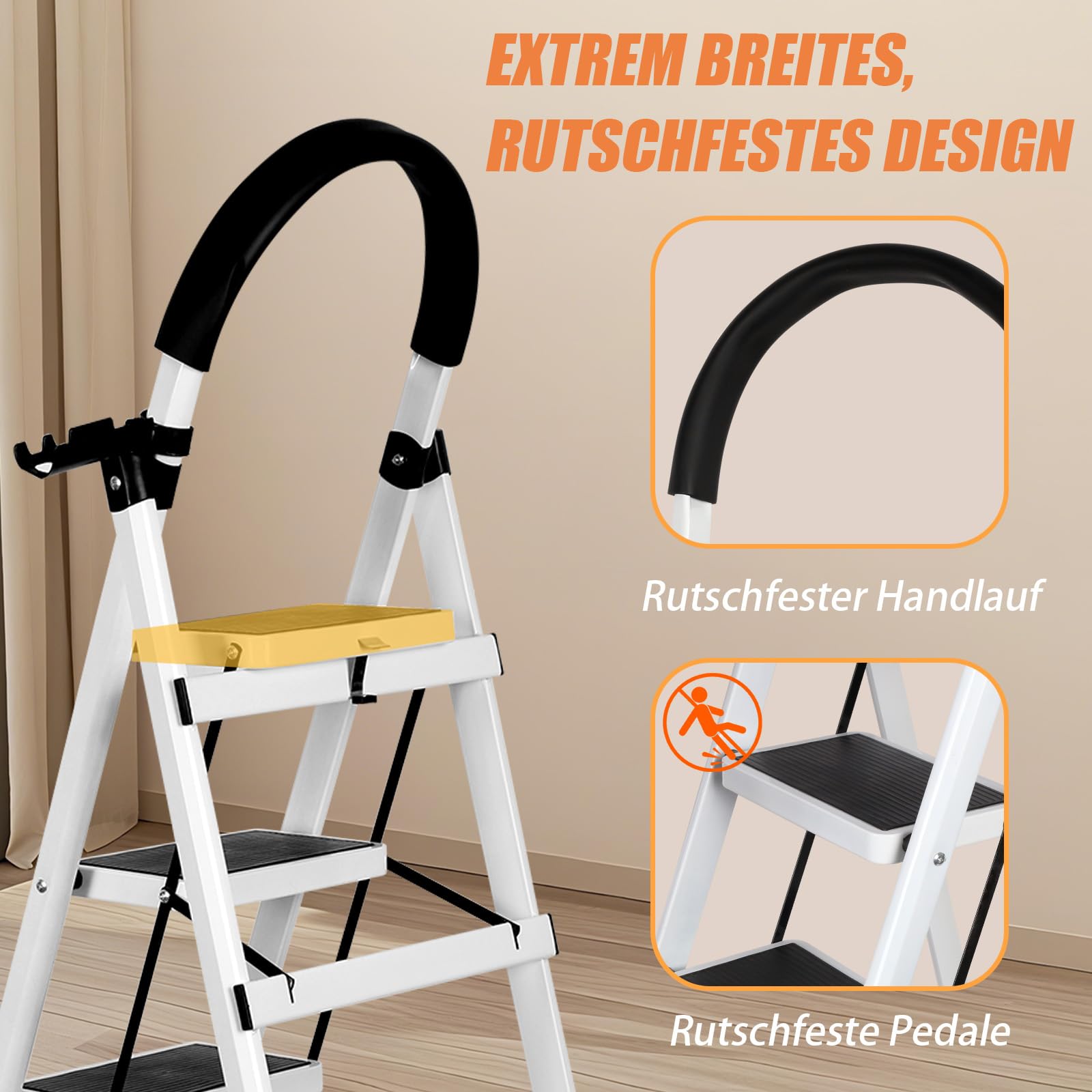 Escalera Plegable de Acero de 5 Peldaños, Escalera Doméstica Antideslizante con Barandilla para Cocina, Hogar y Oficina - Blanco | Antideslizante, Para Cocina, Para Hogar, Para Oficina, Doméstica