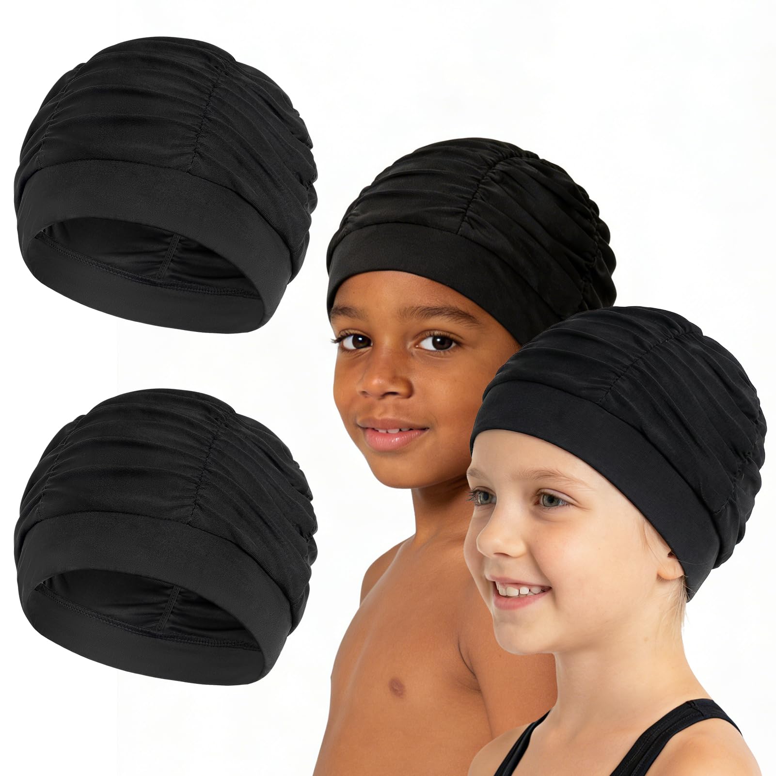 Kiiwah 2 Pièces Bonnet de Bain Enfant, Bonnet de Piscine en Tissu Plissé Extensible et Confortable pour Cheveux Longs et Courts Fille et Garçon, Conçu pour la Durabilité et sans Nœuds