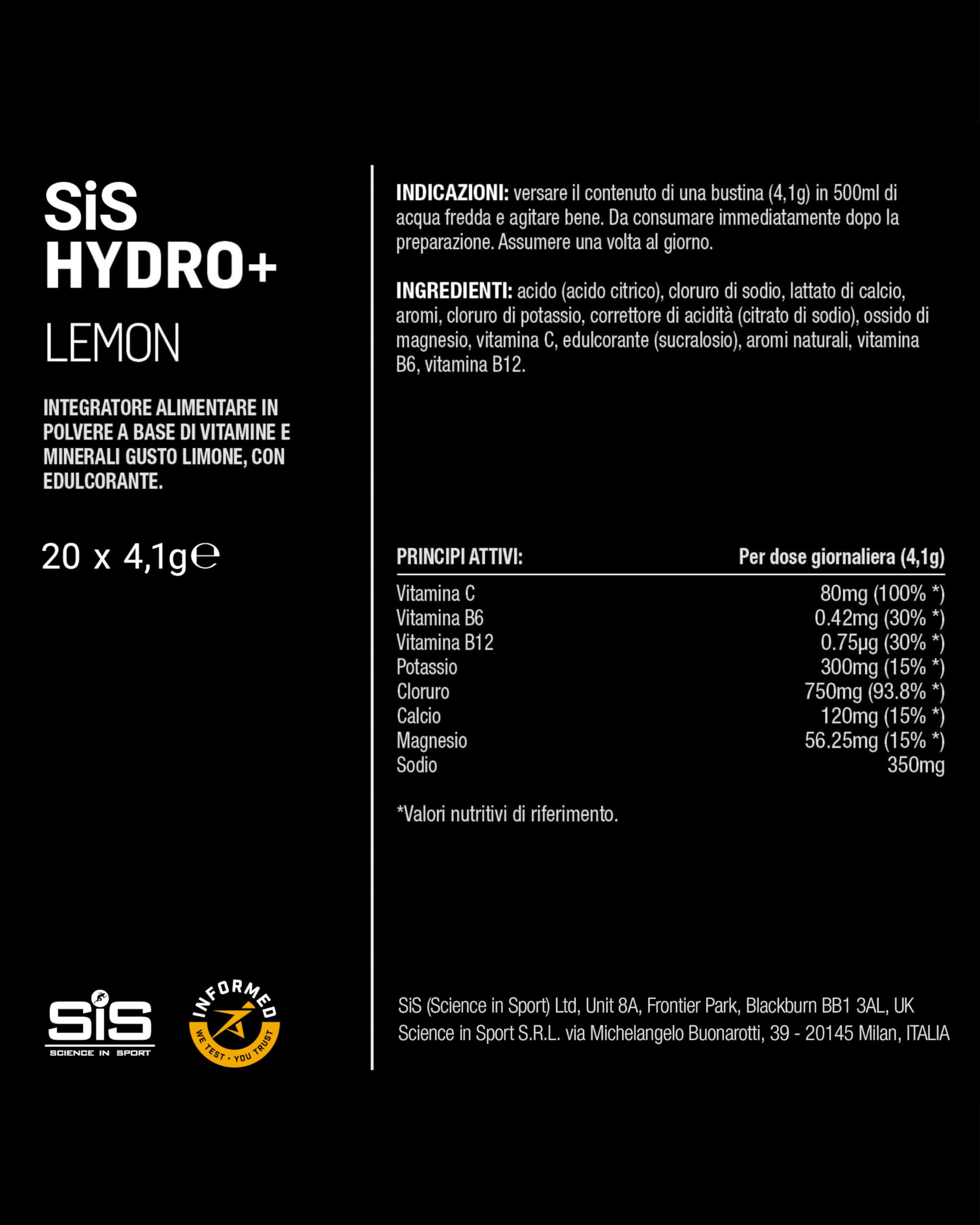 Science in Sport HYDRO+ Electrolyte Drink Mix 20x4,1g Limone - Elettroliti in polvere vegani, Bevanda sportiva con vitamina C e 5 importanti elettroliti