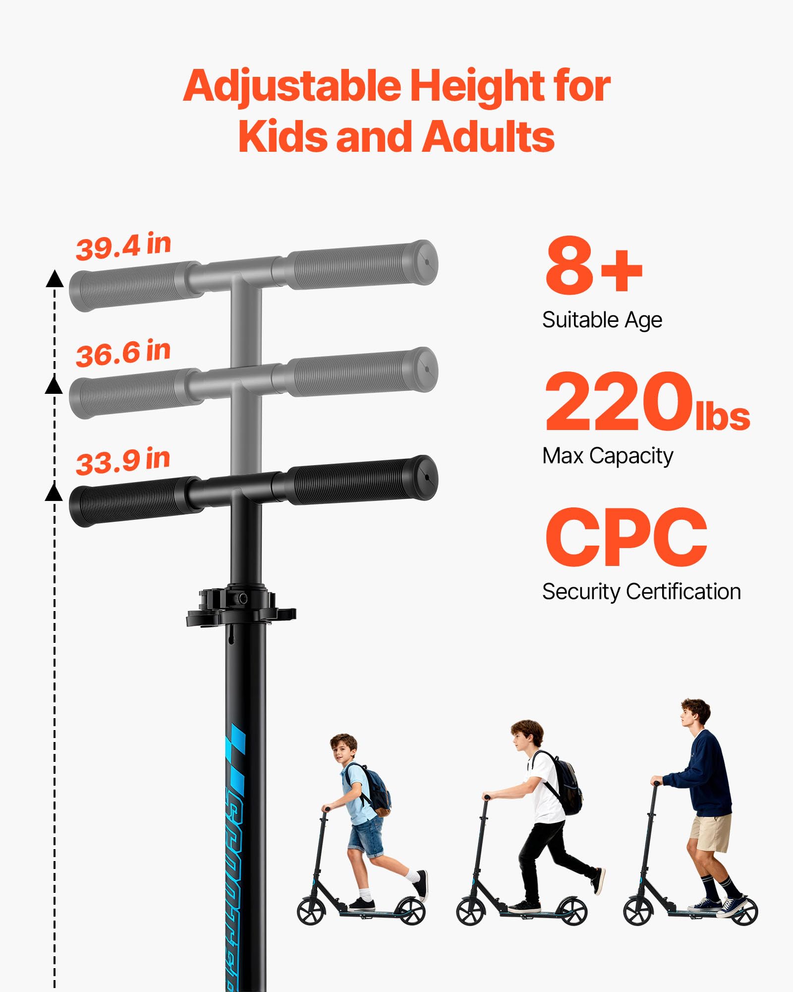 VEVOR Patinete 2 Ruedas, a Niños a Partir de 8 Años, Patinete Urbano Plegable con Manillar Regulable en Altura 860/930/1000 mm y Base Antideslizante, hasta 100 kg, Armazón de Acero, Negro y Azul