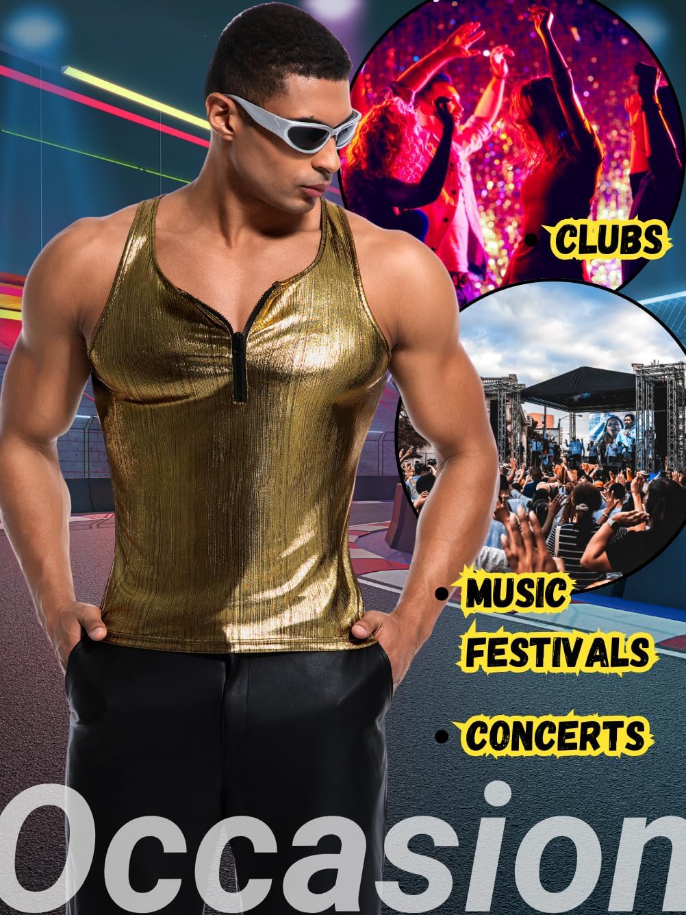 Men's Zipper Sleeveless Metallic Shirt, Sparkly Tank Top Vest Rave Outfits, Concert Club Disco Festival Party Outfits - Image 7