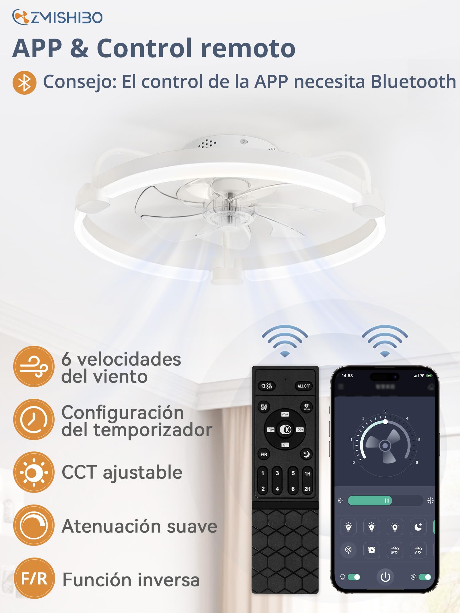ZMISHIBO Ventilador de Techo con Luz y Control Remoto, Ø52,5 cm, 3000-6000K Regulable, Ventilador LED Empotrado Moderno, 6 Velocidades, Ideal para Dormitorio