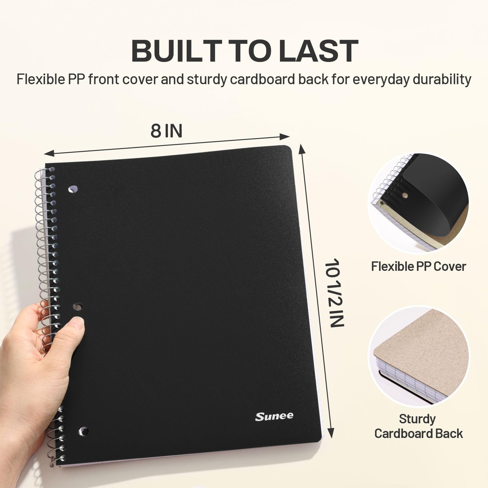 SUNEE Quaderno a spirale, 1 soggetto, carta a righe universitaria, 20,3 x 25,1 cm, 100 fogli per quaderno, carta perforata a 3 fori, copertina impermeabile, tasche fronte-retro, quaderni a spirale per