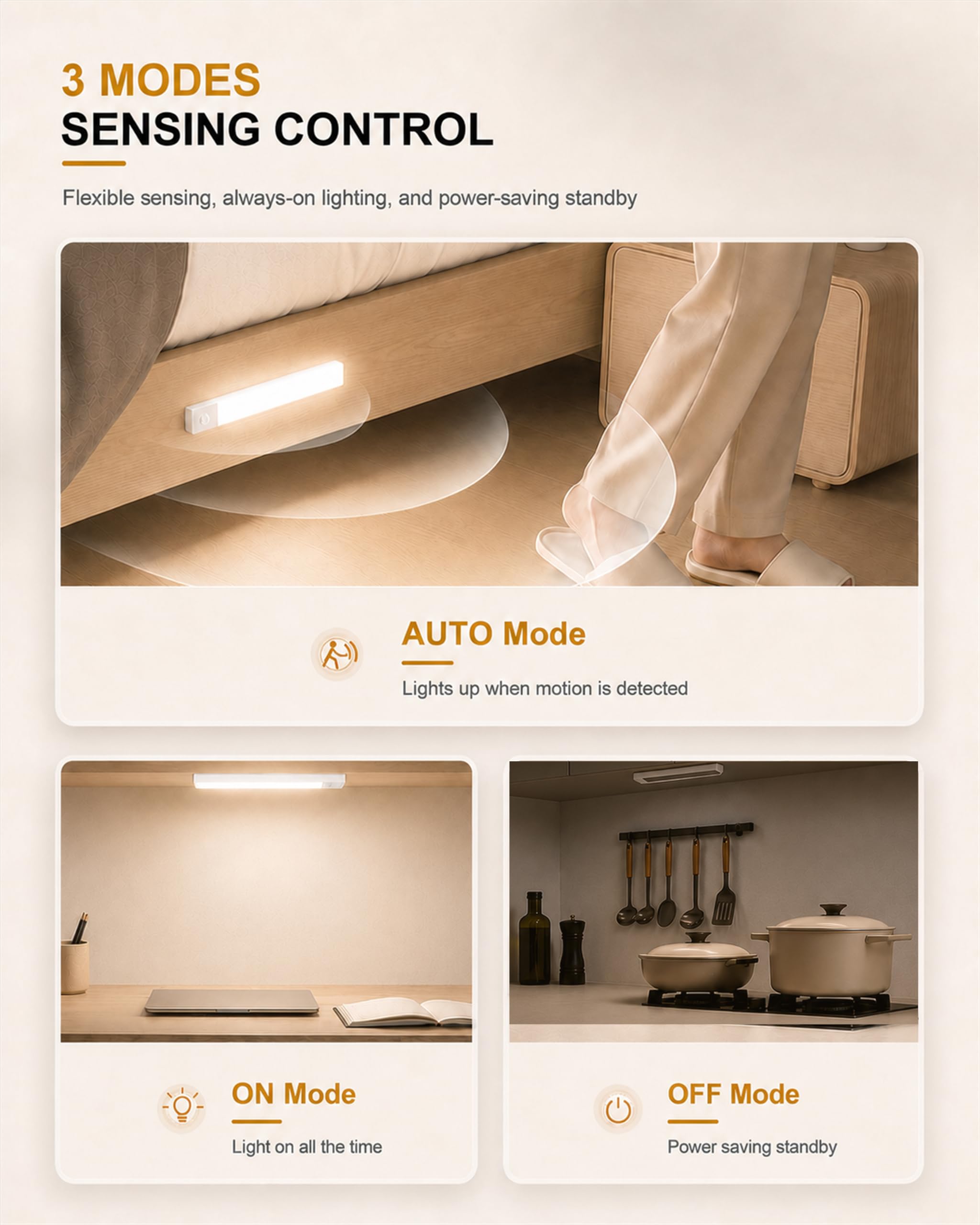 Iluminación para debajo del gabinete de 10 pulgadas, 68 LED con sensor de movimiento para interiores, batería recargable, luz magnética para armario, luces inalámbricas para debajo del mostrador para
