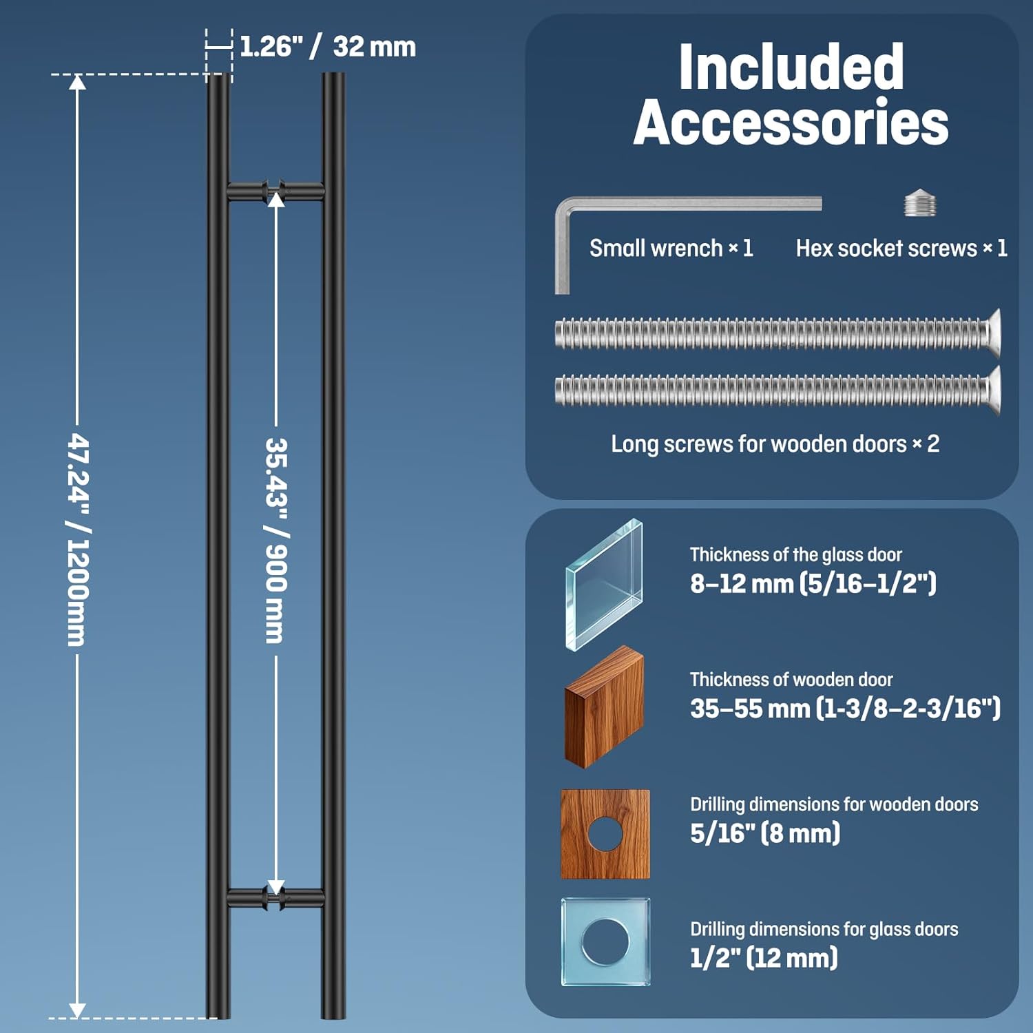 Ranbo Ladder Style 48" Large Push Pull Door Handle, 900mm (35-7/16 inch) CTC, Anti-Fingerprint, Heavy Duty 1.2mm Thick 304 Stainless Steel for Barn, Front, Commercial, Entrance Doors, Matte Black