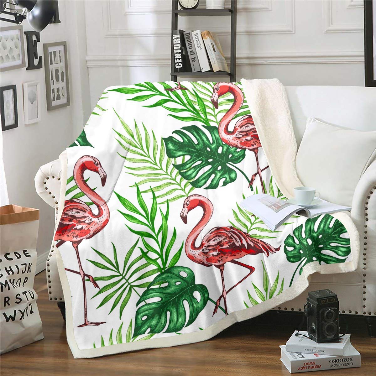 Loussiesd 3D Flamingo Fleece Blankets for Kids Boys Girls Tropical Animals Print Blanket Palm Leaves Blankets and Throws Botanical Nature Theme Sherpa Blanket,CCCCCs King 87"*94"