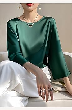 Amazon | [Shirios] サテン ブラウス レディース 長袖 Uネック tシャツ