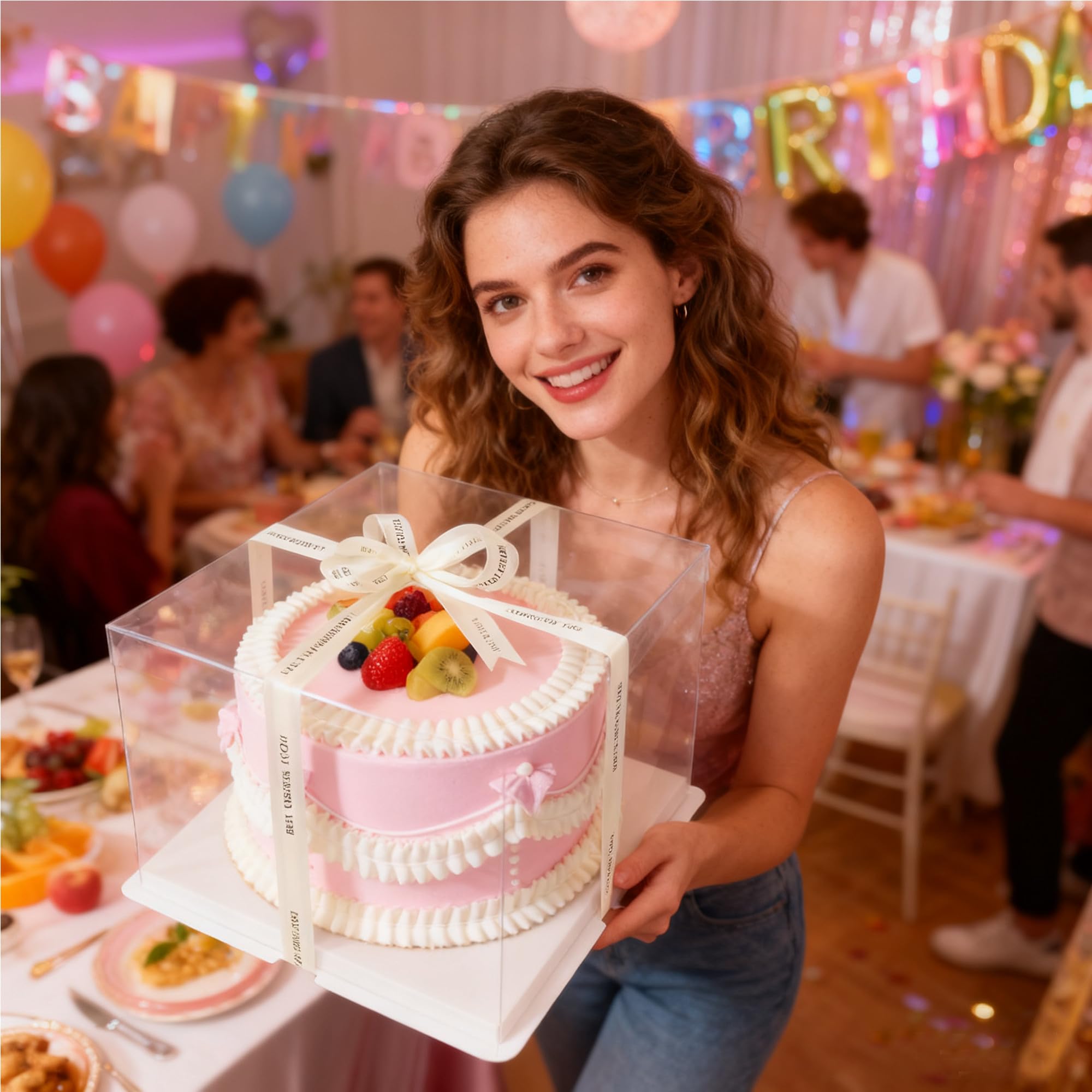 JIYANA 2 scatole per torta trasparenti 30 x 30 x 25 cm con 2 nastri, Scatole Trasparenti Per Bomboniere per torte da 10 pollici, adatte per compleanni, matrimoni, feste, confezioni regalo