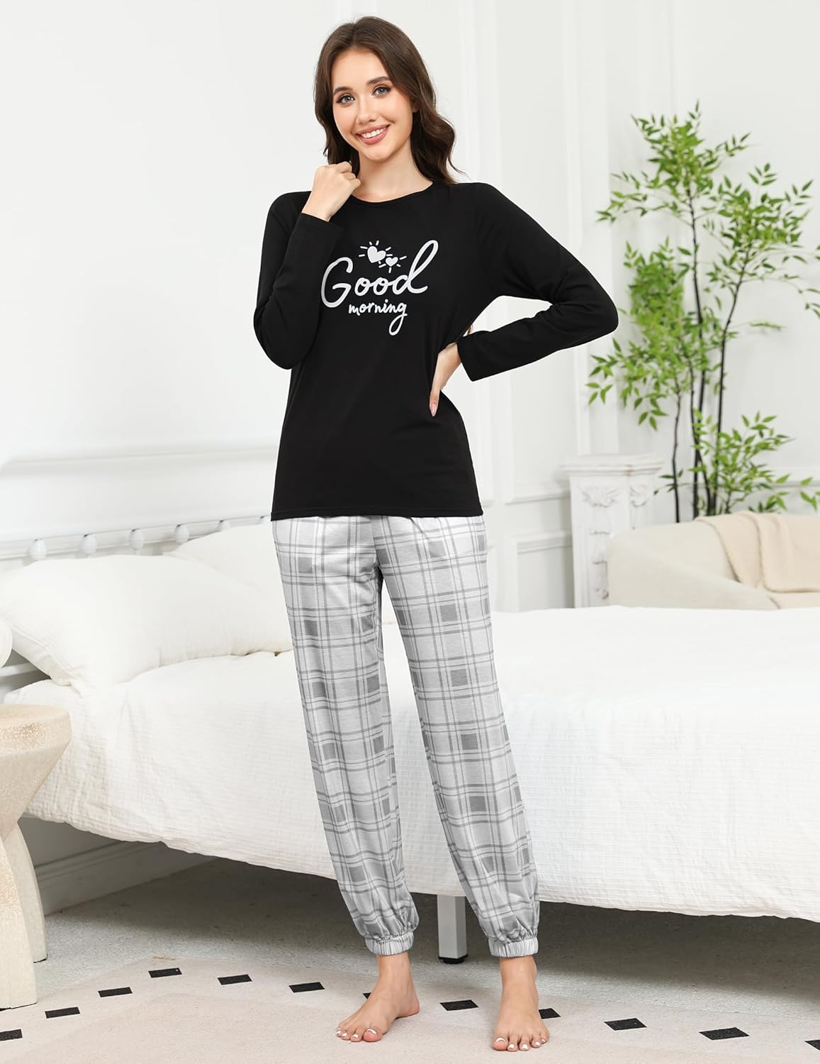 GAESHOW Pajama Sets for Women 2 Piece Cotton Long Sleeve Pajamas Set Cute Print Top and Plaid Pants Soft Sleepwear Pjs - Image 2