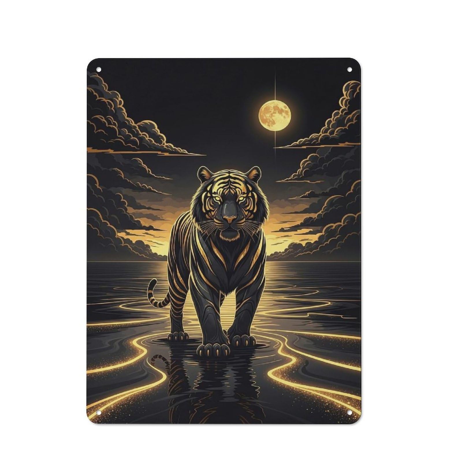 Junmoney Style-6 Metal Wall Sign 40X30cm Featuring Golden Tiger In Moonlit Water For Living Room Wall, For Feature Wall Decorators