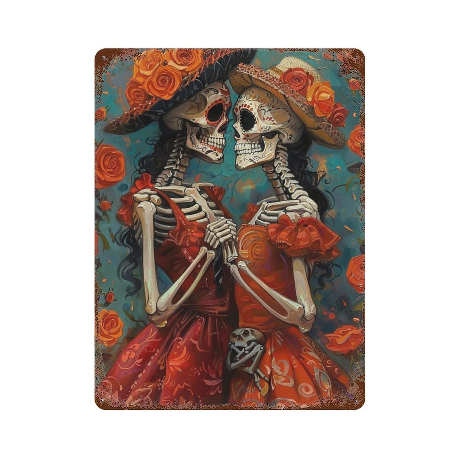 Rustic Tin Plaque Day of The Dead Skeleton Couple-2 15.7"x11.8", Vintage Wall Decor for Pub, Kitchen And Man Cave Decor