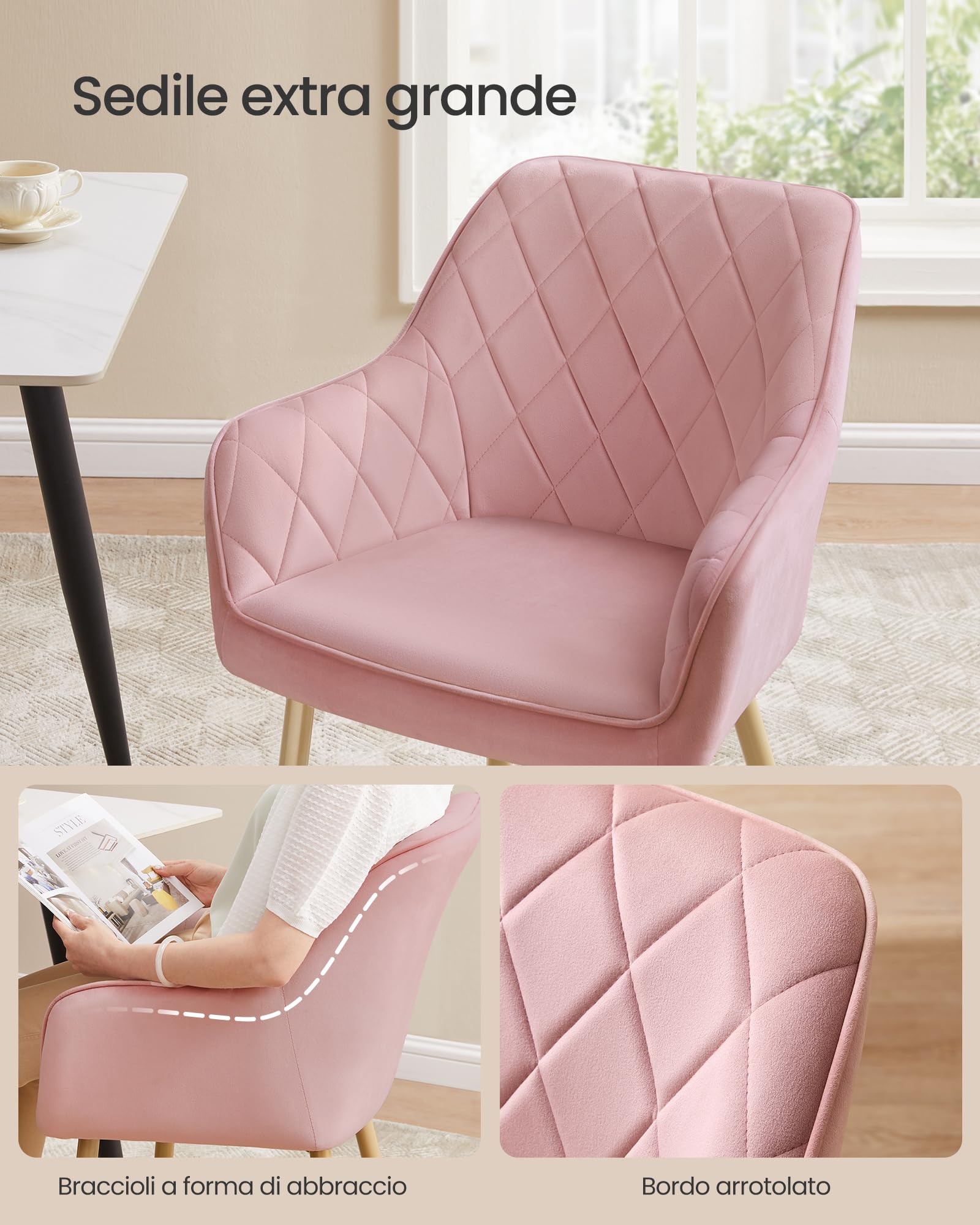SONGMICS, Sedia, Poltrona Imbottita in Velluto, con Braccioli, Portata 120 kg, Gambe in Metallo, per Sala da Pranzo, Cucina, Rosa Pastello e Dorato Pallido LDC088R01, 60 x 62.5 x 85 cm