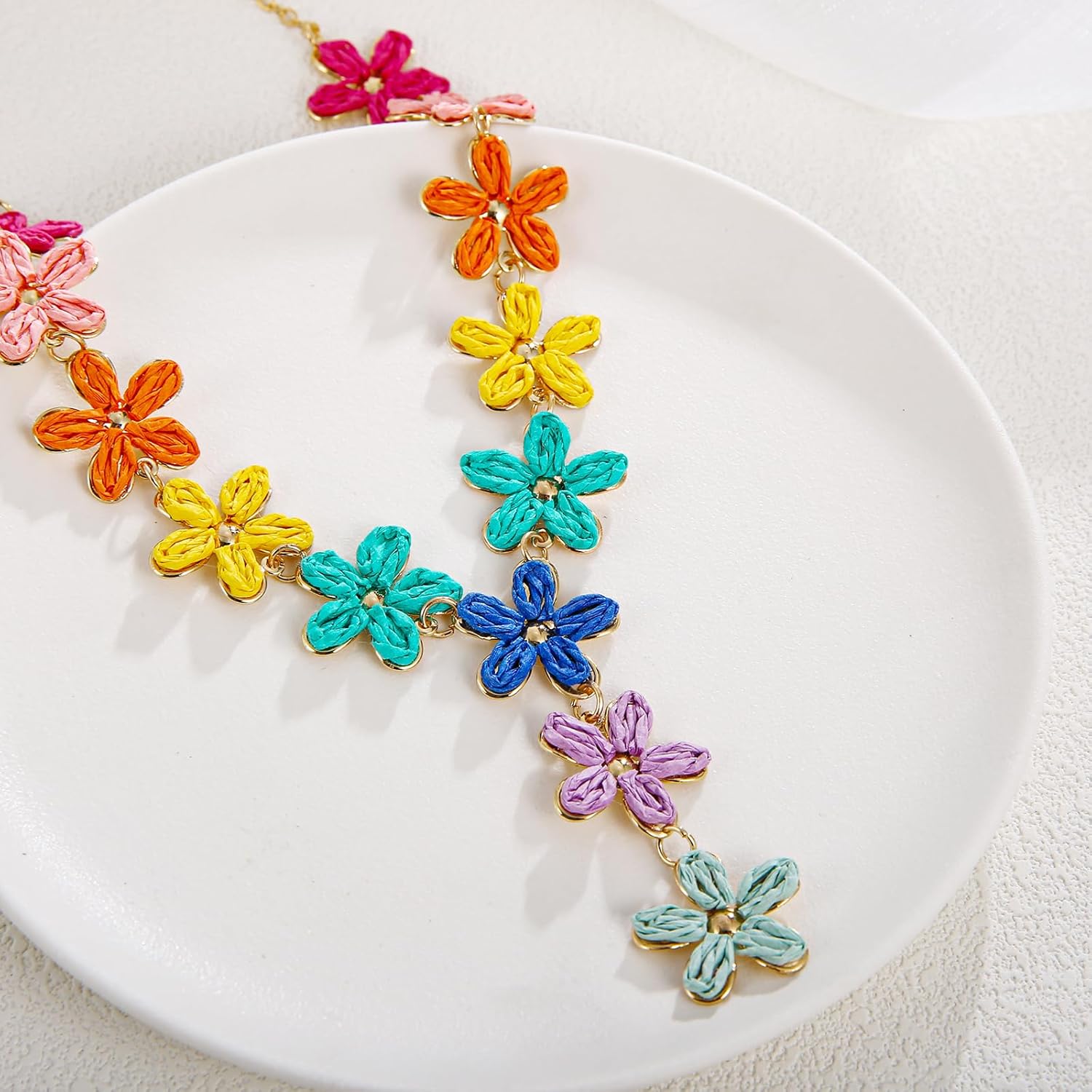 Colorful Tropical Raffia Necklace, Dopamine Boho Beach Jewelry for Women, Y-Shape Handmade Flower Necklace - Image 4