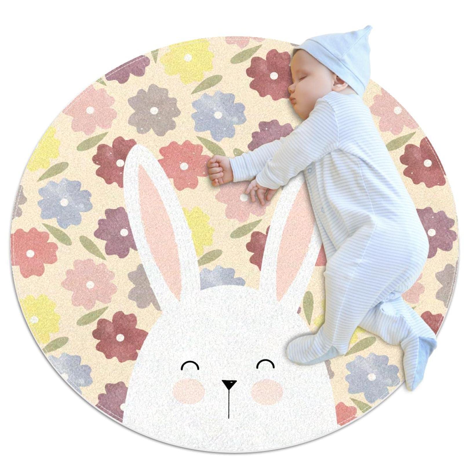 Tapis de salle de bain rond de 1m avec motif lapin et fleurs