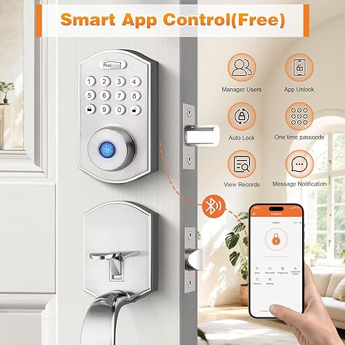 Miniatura 6 de Probrico Cerradura inteligente de puerta de entrada sin llave, manija de puerta delantera con cerrojo de huella digital, cerradura electrónica con