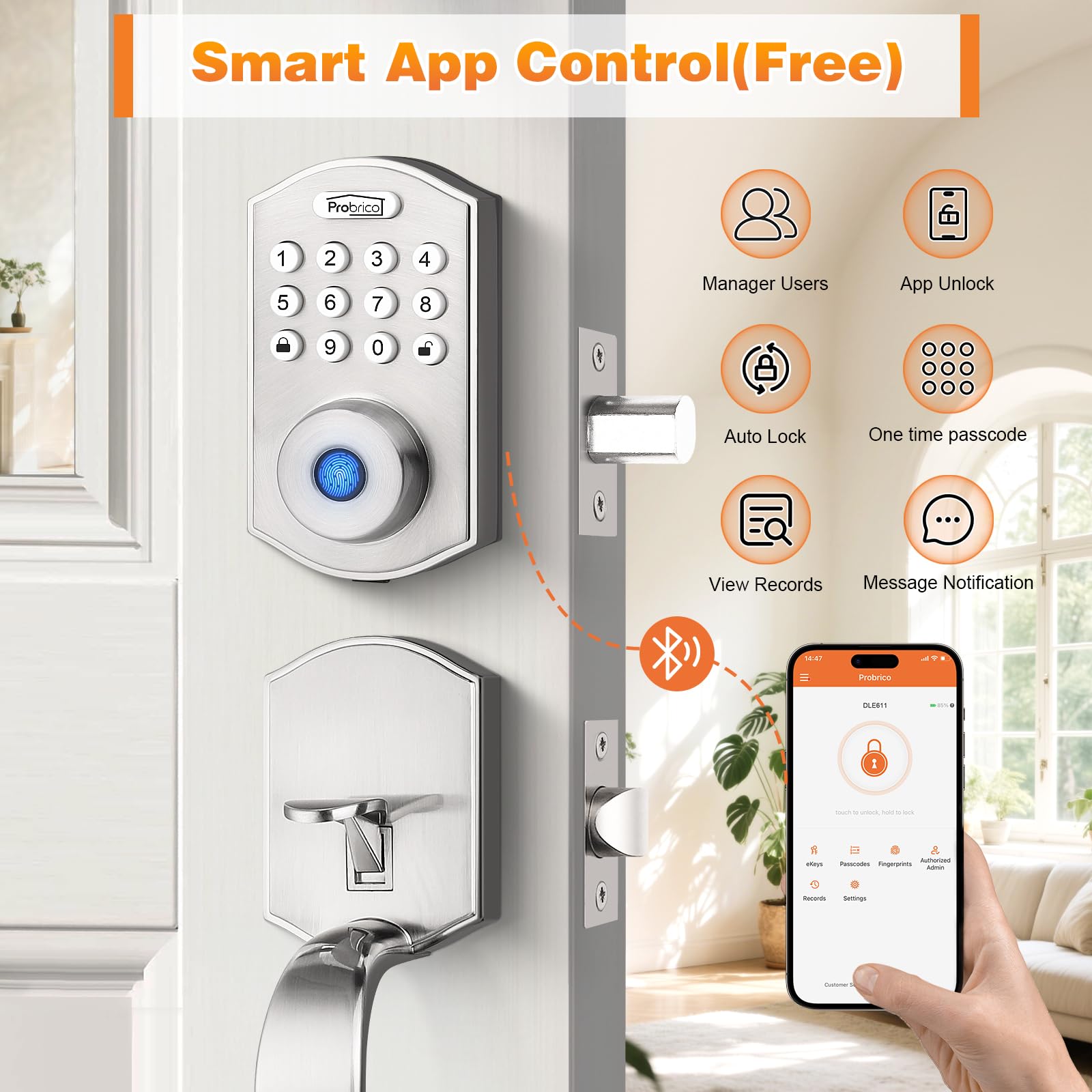 Probrico Serratura intelligente senza chiave per serratura della porta d'ingresso, maniglia per porta anteriore con catenaccio di impronte digitali, serratura elettronica con tastiera digitale con