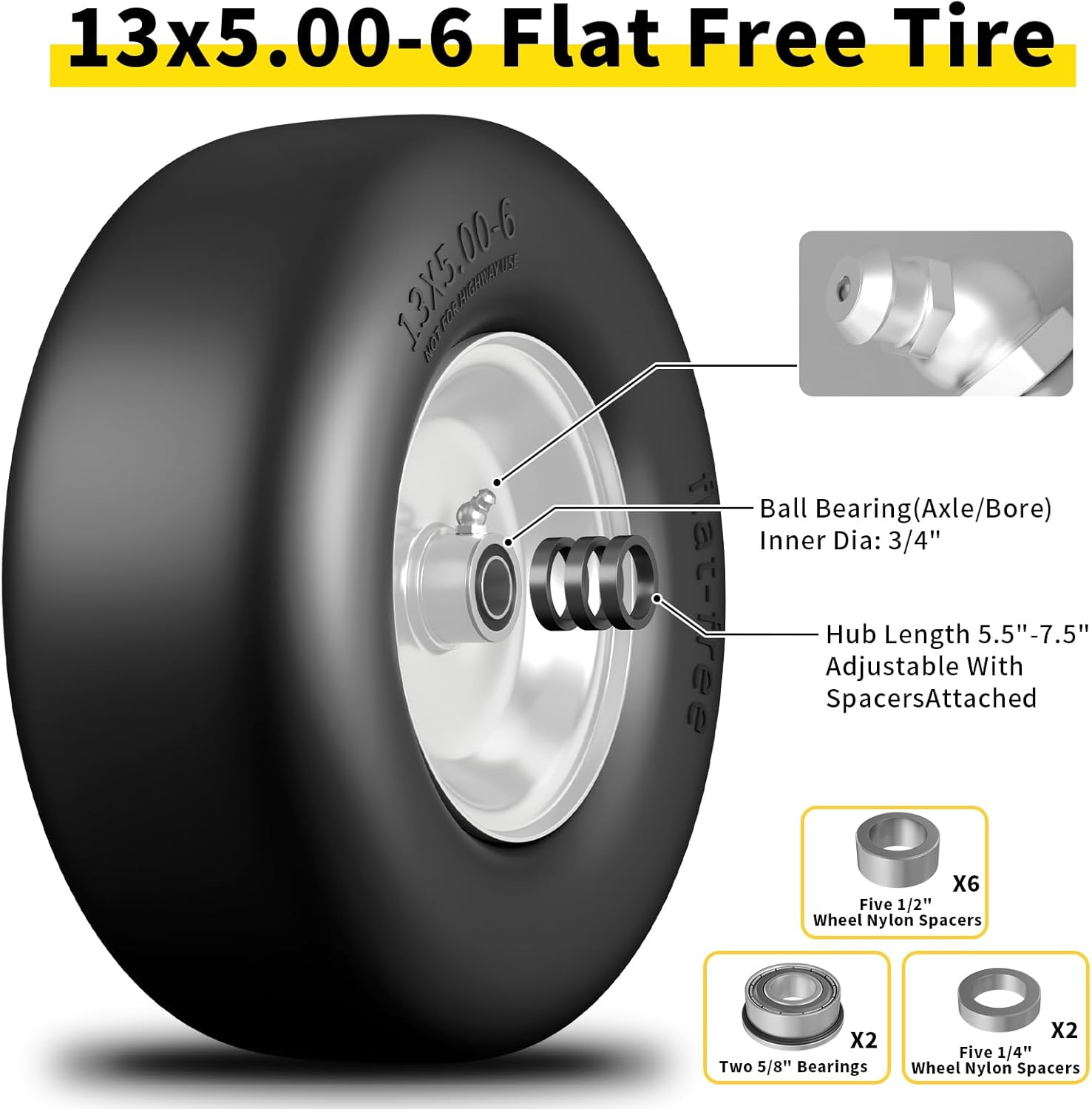 13x5.00-6 Flat Free Lawn Mower Tire, Zero Turn Mower Front Tires, 13x5x6 Solid Mower Wheel for Residential and Commercial, 3/4 & 5/8 Bearing, 3.25-5.9 Center Hub, 2Pack Gray, 500Lbs