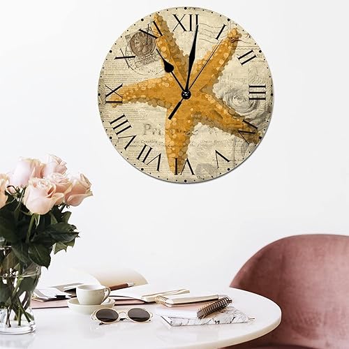 Miniatura 202 de ArogGeld Reloj de pared con diseño de estrella de mar antigua francesa, de cloruro de polivinilo, con números romanos, de 10 pulgadas, funciona