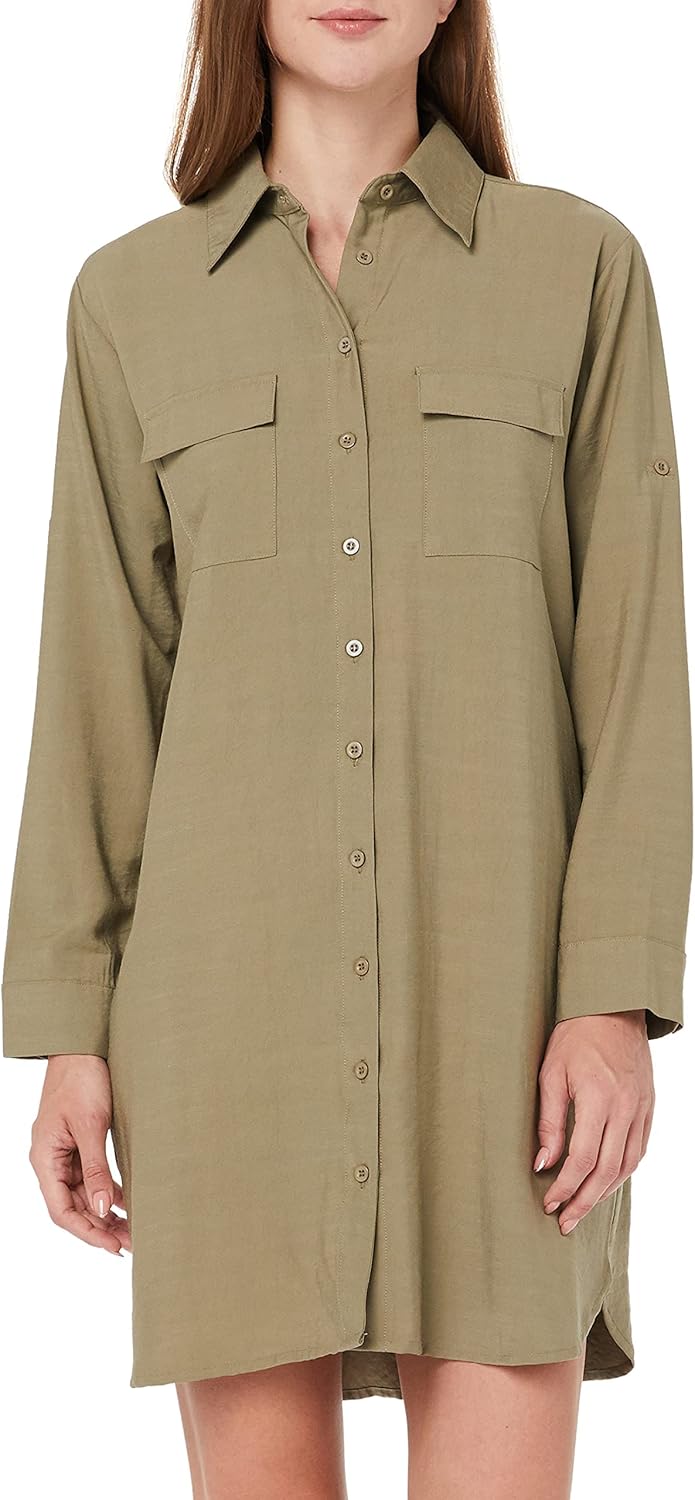 MANAIXUAN Women's Shirt Dress V Neck Long Sleeve Loose Casual with Pockets Front Button