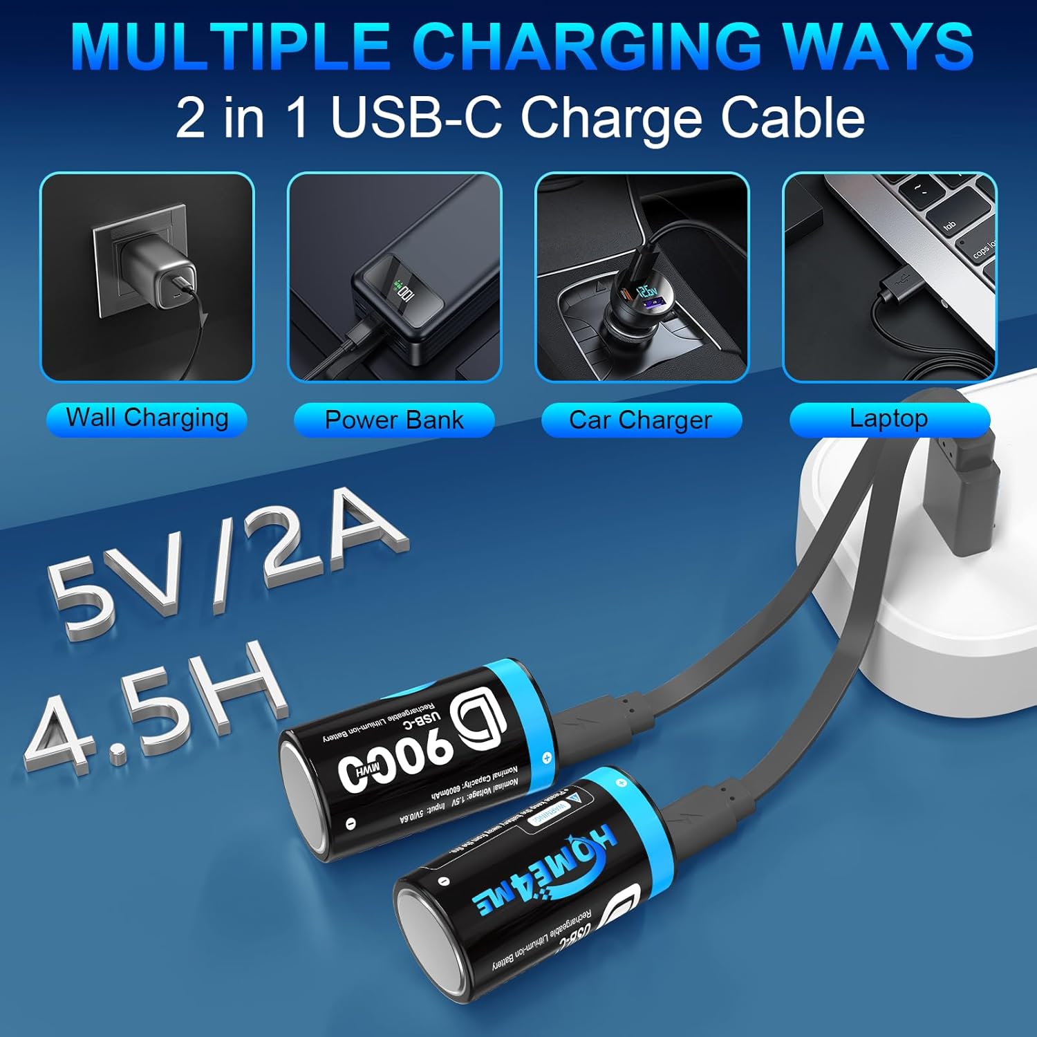 Rechargeable D Batteries 8 Pack, 9000mWh Lithium D Cell Battery, 1.5V D Rechargeable Batteries, Size D Battery with 2-in-1 USB-C Charging Cable for Toys, Water Heater, Gas Stove