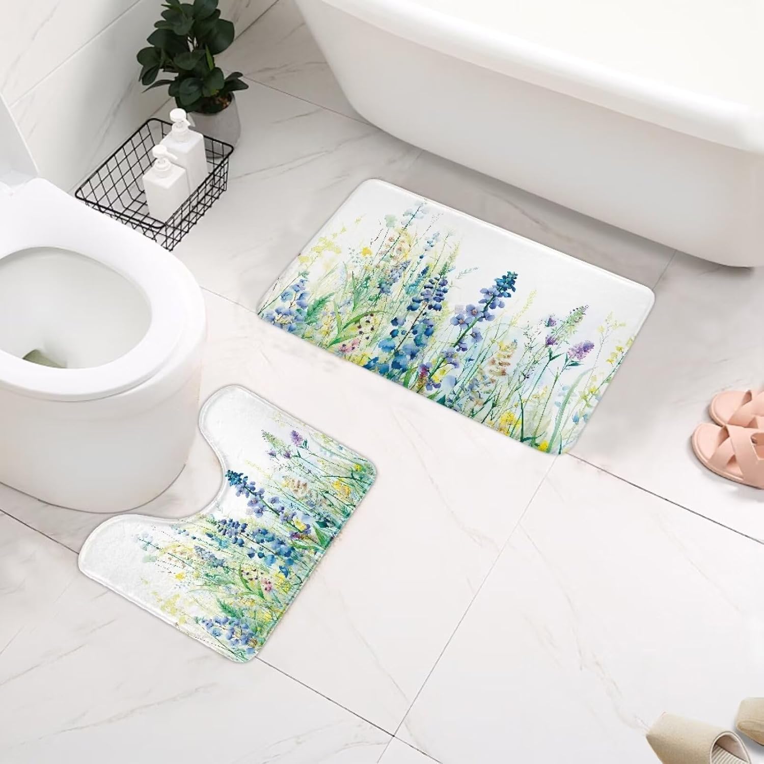 Bath Mat Set of 2 Bath Rug Area Rug Bathroom Contour Rug Super Absorbent Comfortable Dry Quickly Anti-Slip for Home Bathroom Tub Shower, Blue Green Floral