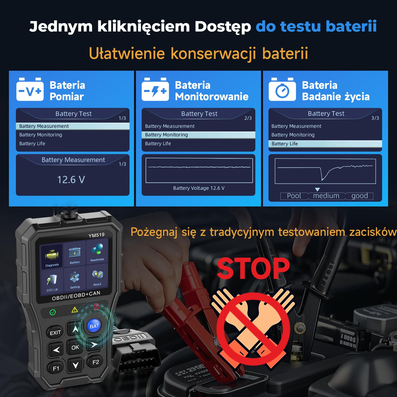 Ulepszony uniwersalny skaner OBD2 z testerem baterii - skaner kodów błędów silnika samochodowego może skanować diagnostycznie, odczytywać i usuwać kody błędów dla 1996 lub nowszego protokołu