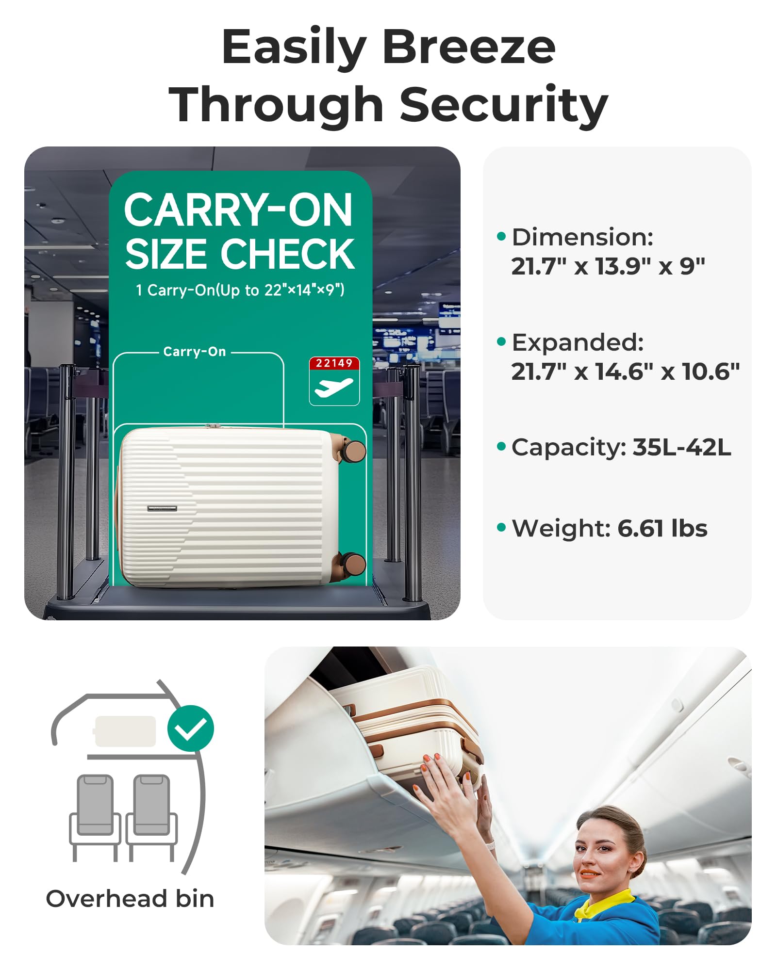 BAGSMART Carry On Luggage 22x14x9 Airline Approved with Spinner Wheels,100% PC Hardside Expandable Luggage with TSA Lock for Trips, 20 Inch Rolling Suitcases for Men Women,Green: Beige