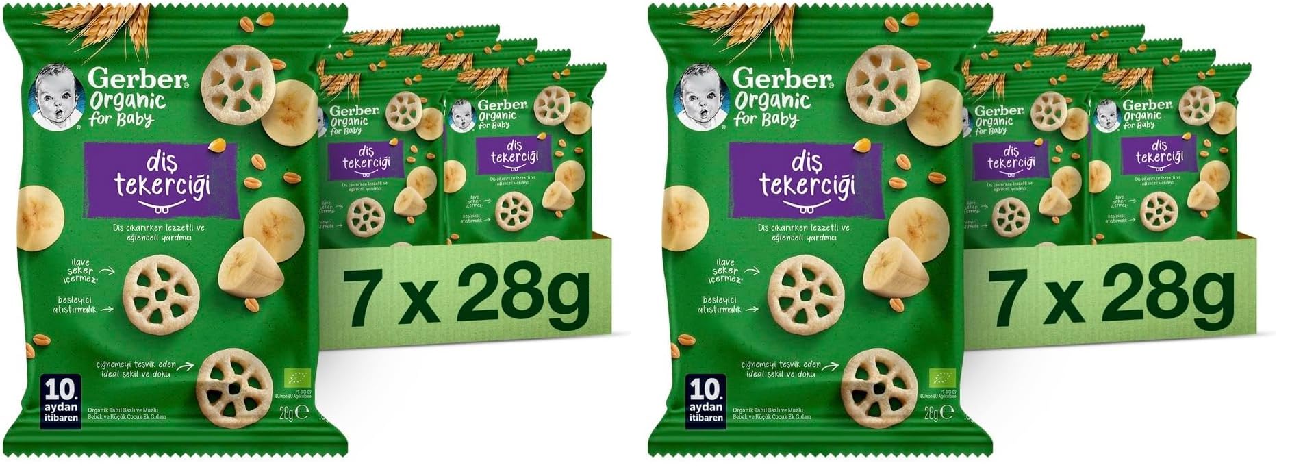 Gerber Organic Diş Tekerciği Tahıl Bazlı ve Muzlu Bebek ve Küçük Çocuk Ek Gıdası 7 x 28g (2 paketi)