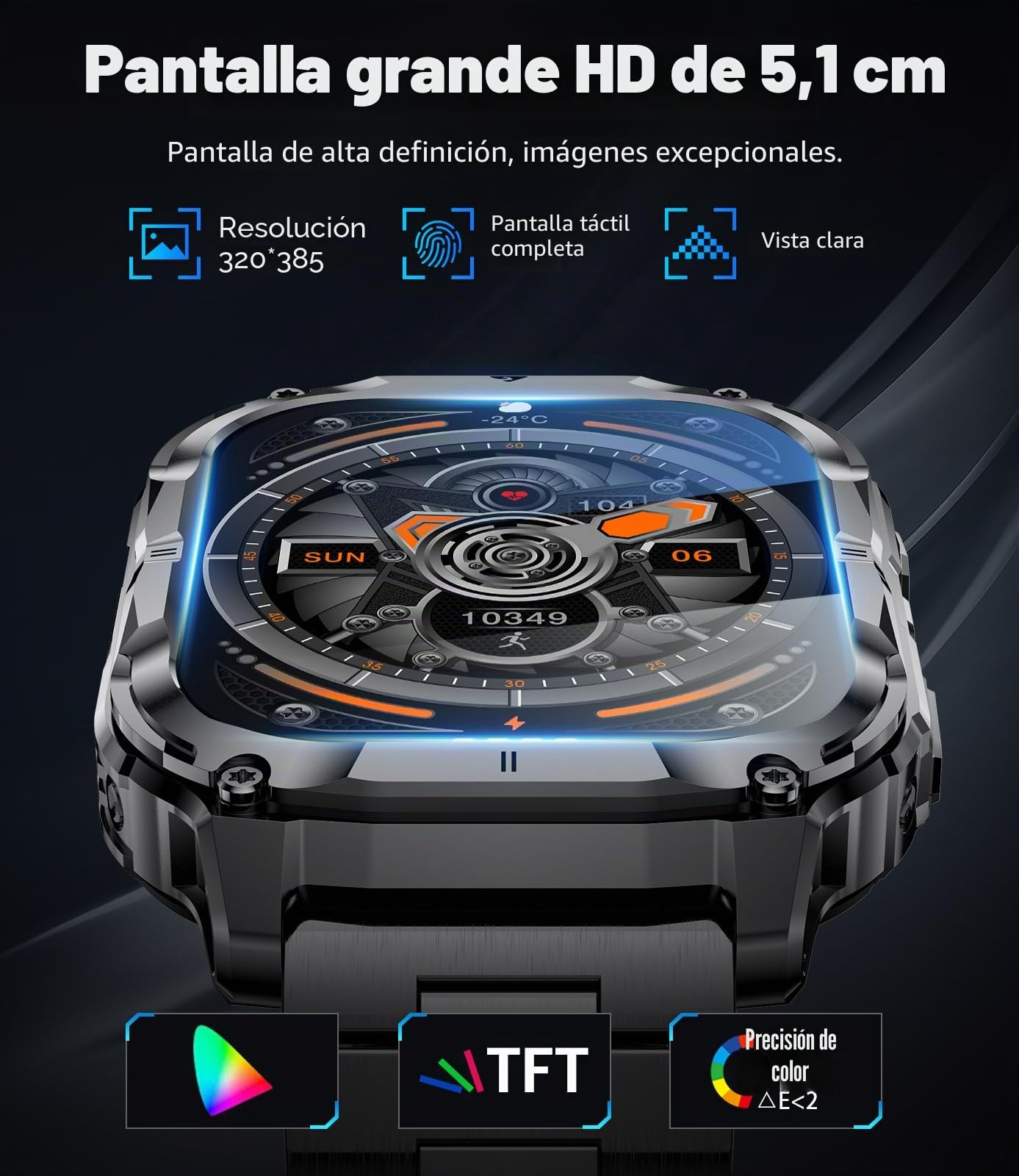 Reloj Inteligente Hombre con LED Linterna, 1000mAh/IP68 Impermeable/2.0" HD Militar Smartwatch con Llamadas, 100+ Modos Deportivos/24H Pulsómetro/Sueño Pulsera Actividad Android iOS, Negro-Naranja