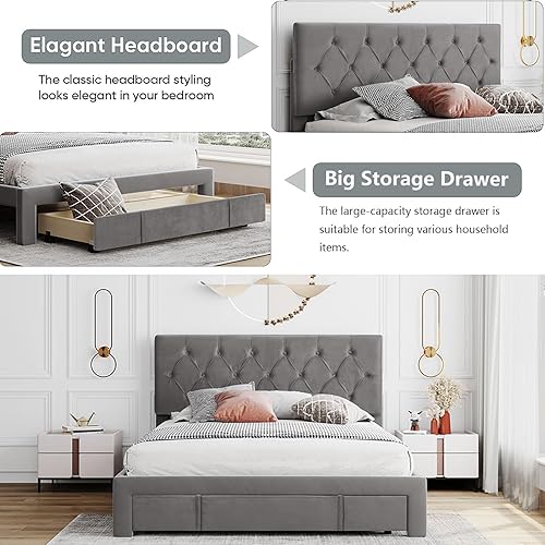 Miniatura 4 de Marco de cama tapizado de terciopelo de tamaño matrimonial con cajón de almacenamiento grande y cabecera ajustable, soporte de listones de madera