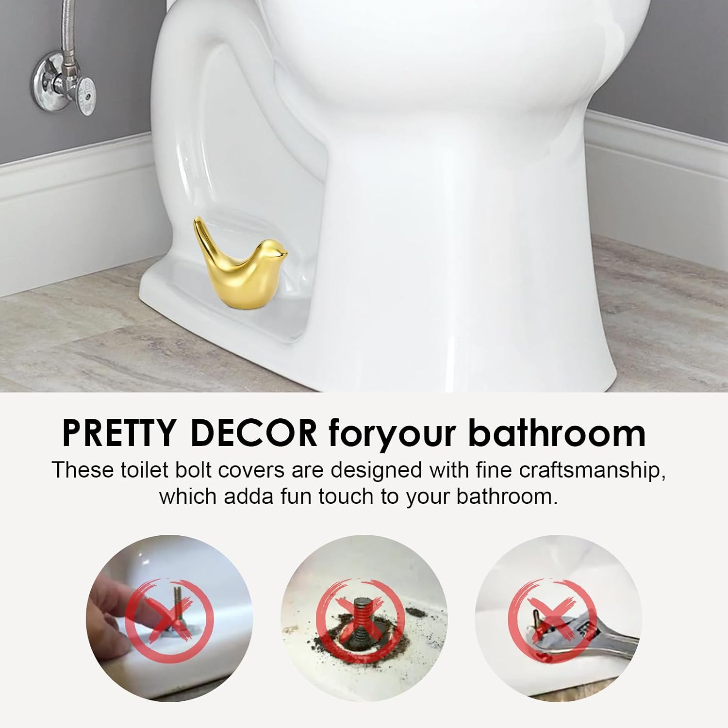 2 PCS Ceramic Gold Birds Toilet Bolt Caps & 4 PCS Universal White Toilet Bolt Covers | , Decorative Toilet Caps for Bottom of Toilet, Animals Home Bathroom Decor for Easy installation Avoid Rusting