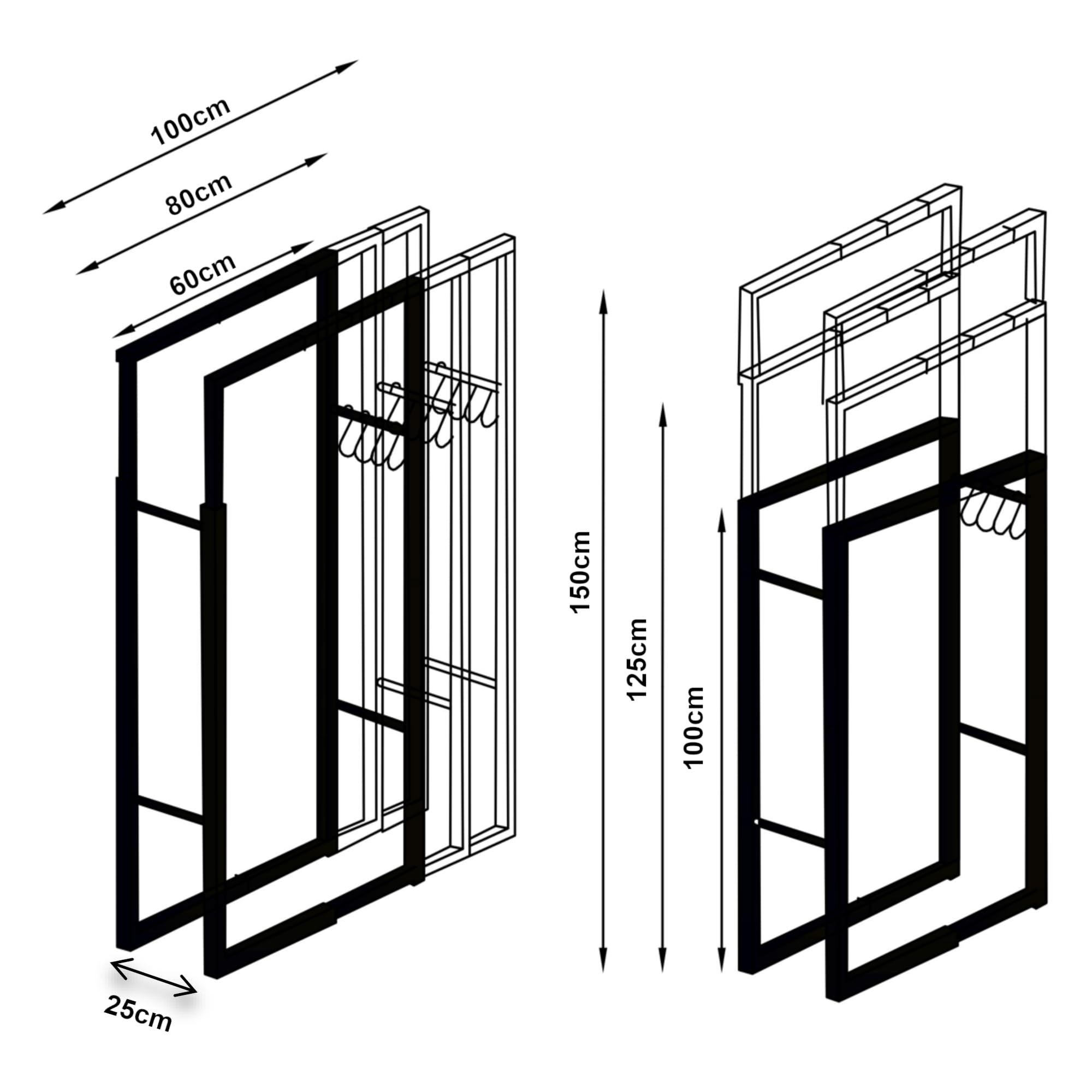 [en.casa] Kaminholzregal Kasan Verstellbarer Feuerholzständer Holzlager aus Stahl Brennholzregal Holzunterstand mit Haken für Werkzeuge Außen & Innen Schwarz H100-150xB60-100xT25cm