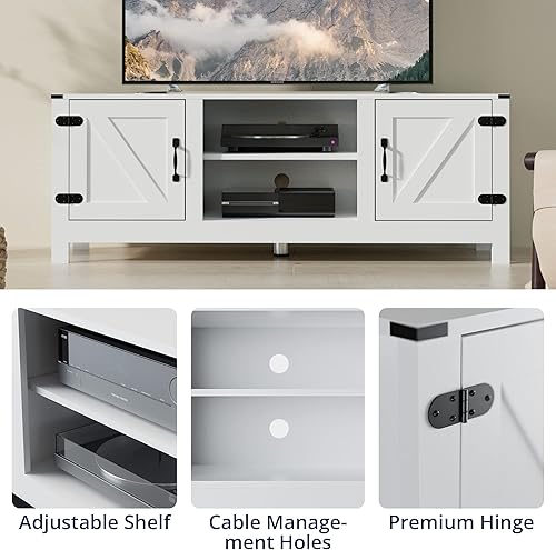 Miniatura 5 de Cozy Castle Farmhouse - Soporte de TV moderno para TV de 5560 pulgadas, soporte de TV blanco con puertas dobles de granero, centro de