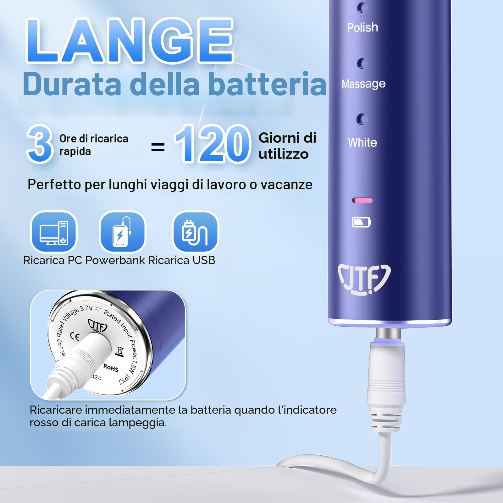 JTF Spazzolino Elettrico, Spazzolino da denti Sonico con 8 Testine, 5 Modalità & Smart Memory, Timer da 2 Min, IPX7 Impermeabile, Rechargeabilité, Ricarica Rapida 3H, Adulto (Blu)