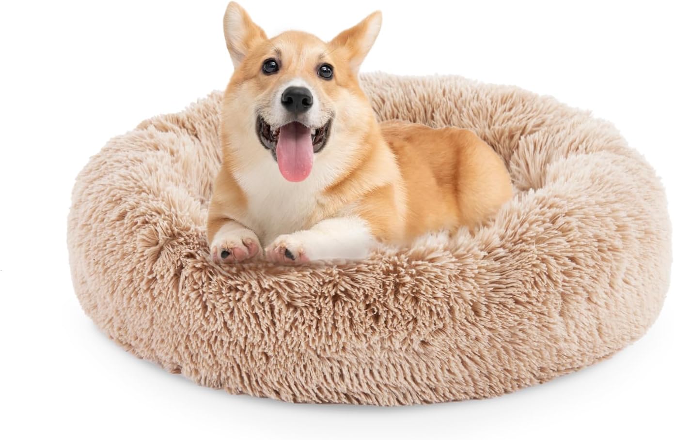 FluffyDream 30 Inch Calming Donut Bed for Dogs and Cats, Brown Washable Plush Fur Cuddle Bed