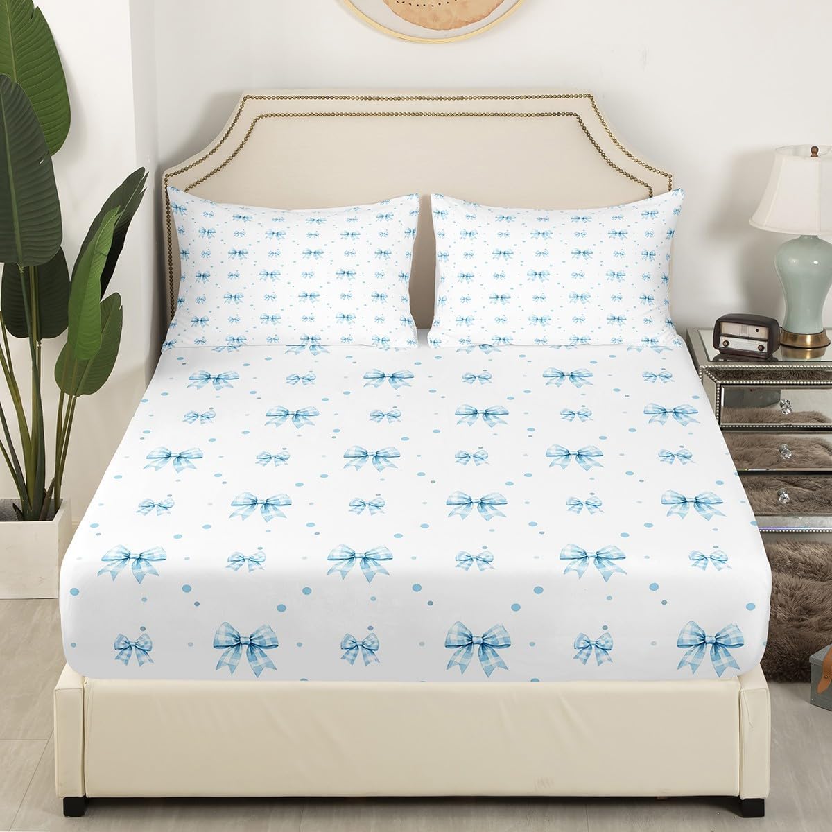 Erosebridal Kawaii Blue Bowknot Fitted Sheet Full Size, Cute Bow Tie Microfiber Bed Sheets for Kids Girls Lady, Girly Ribbon Print Bed Cover for Bedroom, Dots Dreamy Princess Bedroom Accessories