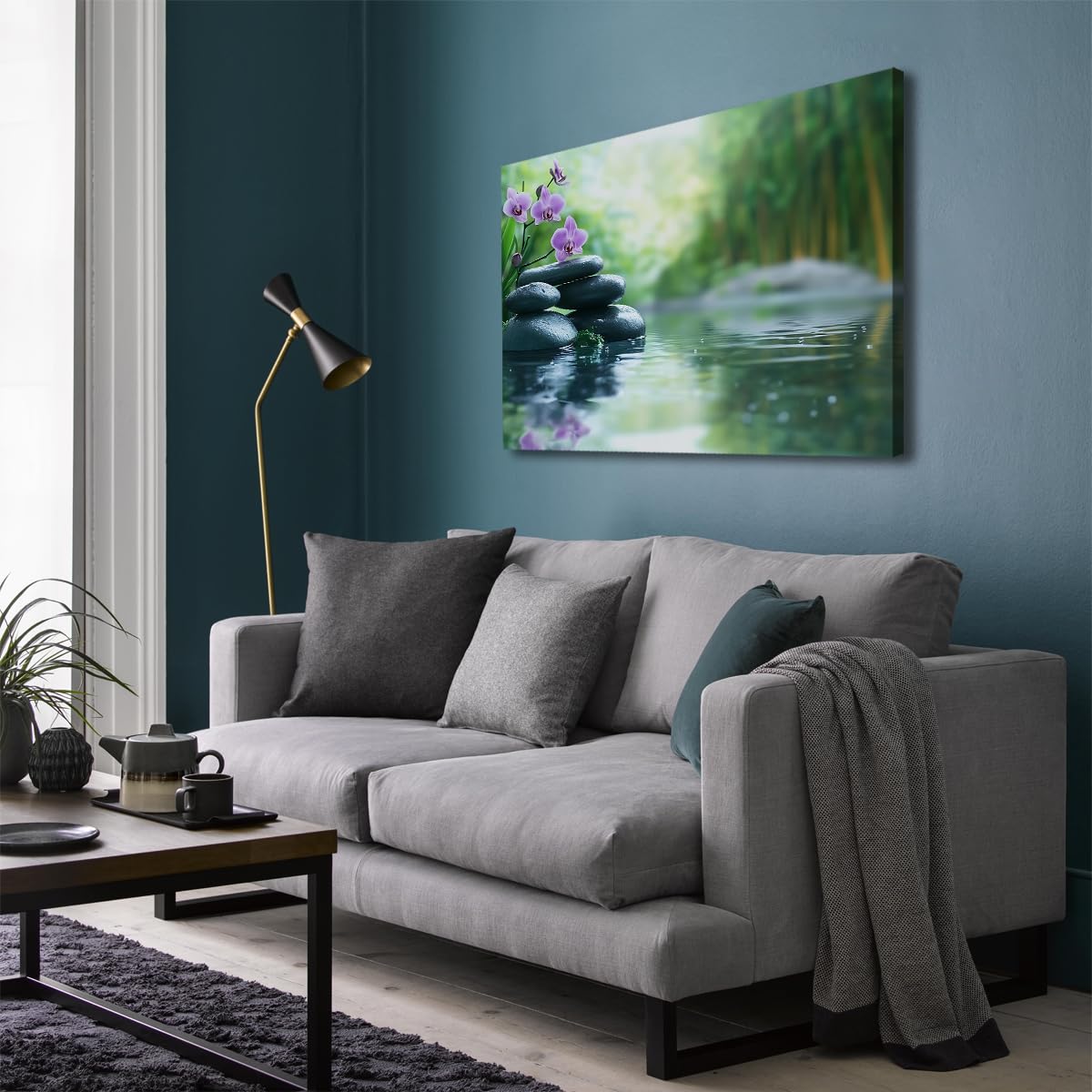 TOANGWALL Naturaleza Spa Basalto Piedras Orquídea Lienzo Arte Pared Baño Verde Púrpura Bambú Agua Escena Impresiones para Salón Hotel Decoración 85x100cm