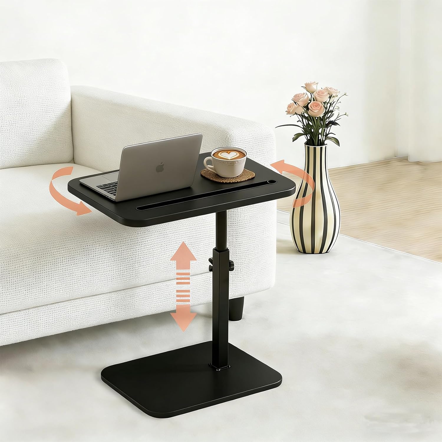 TV Tray Table for Couch, 360° Swivel Height Adjustable Couch Table, C Shaped End Table Slides Under Sofa, Snack & Laptop Side Tray for Small Spaces, Black