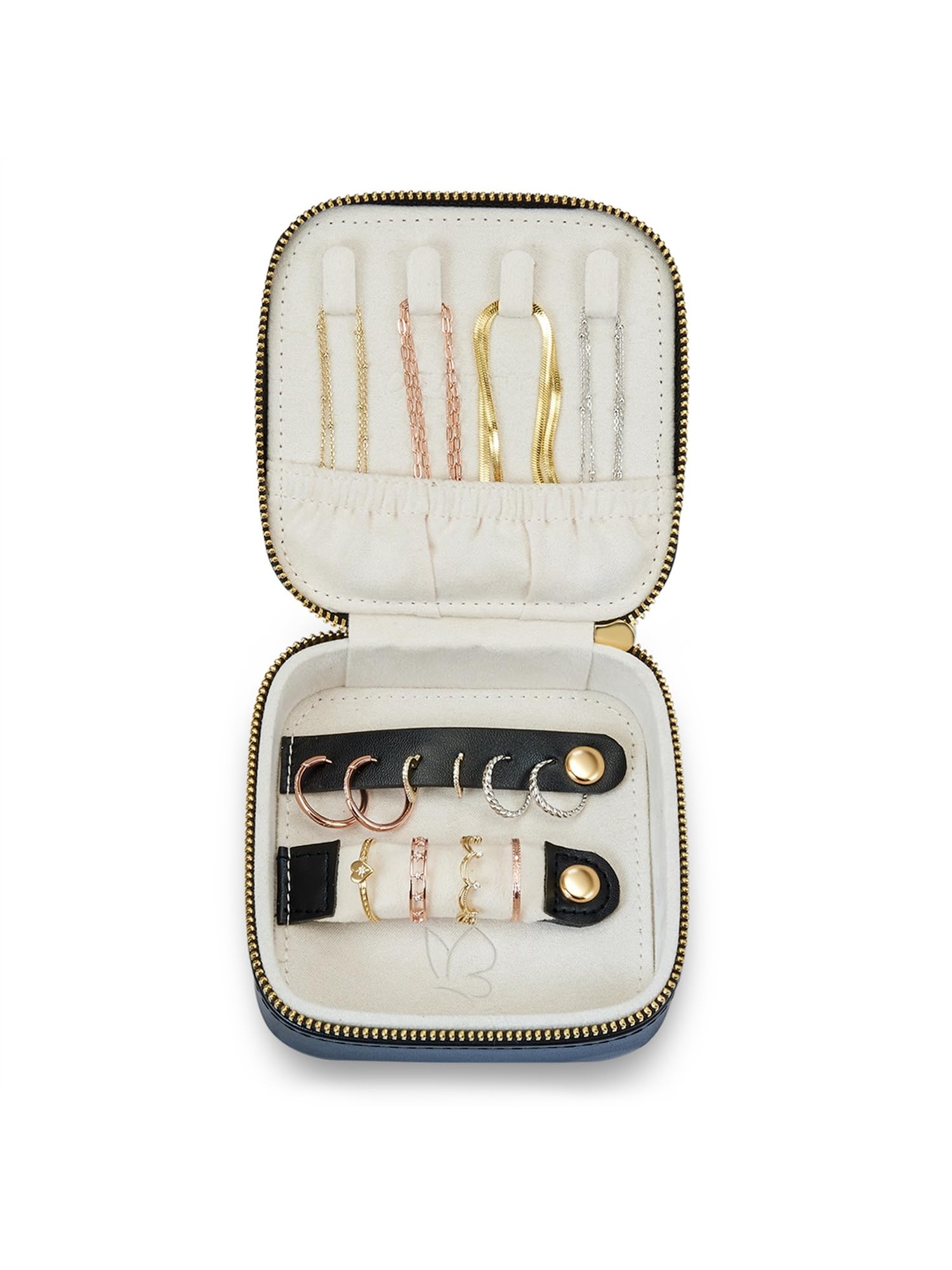 GLANZSTÜCKE MÜNCHEN Schmuck-Reisetäschchen Kunstleder schwarz 10 x 10 x 3,5 cm Samt creme Schmucketui Schmuckschatulle für die Reise
